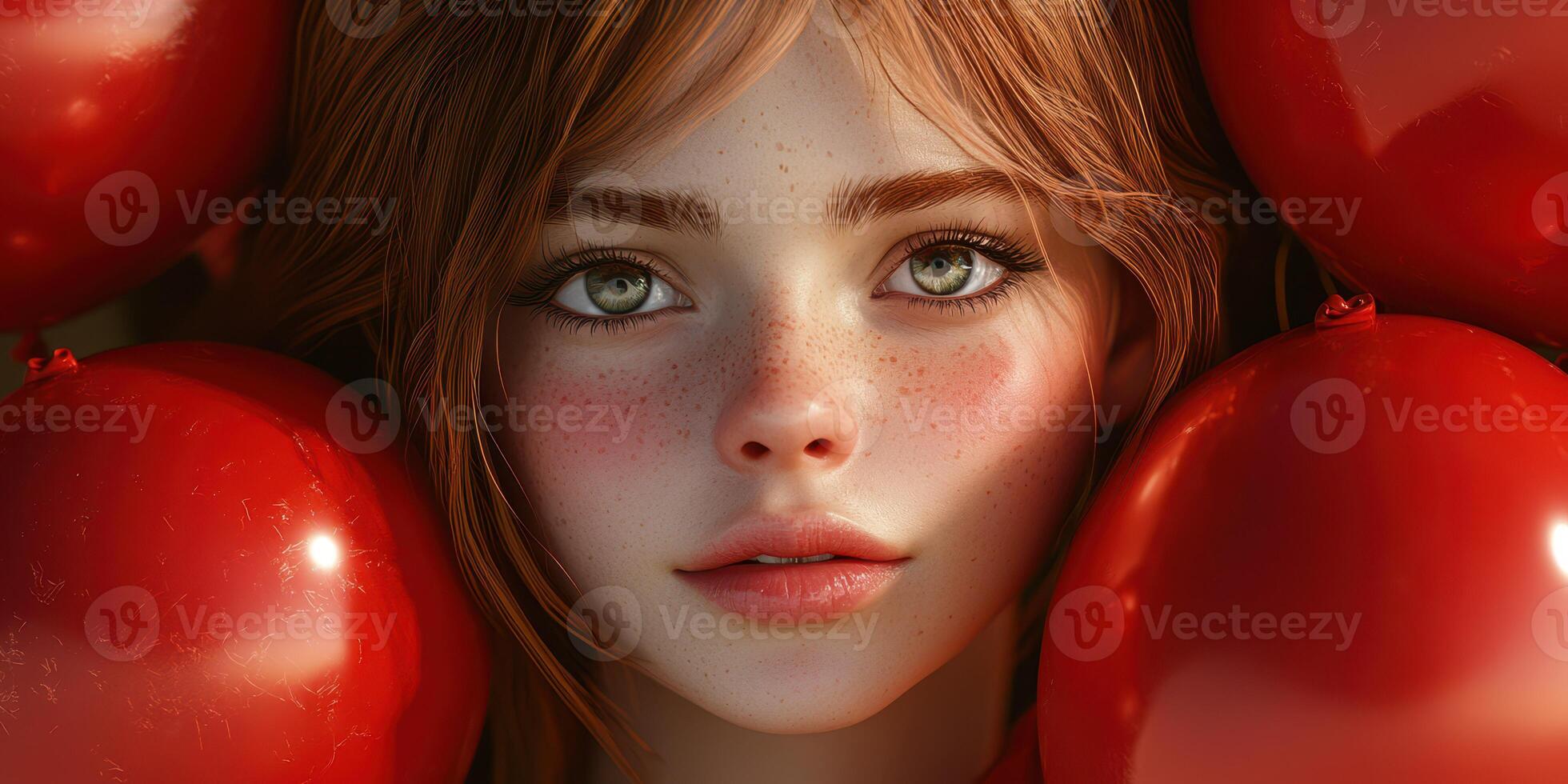 Captivating portrait of a young woman surrounded by vibrant red elements in a striking composition photo
