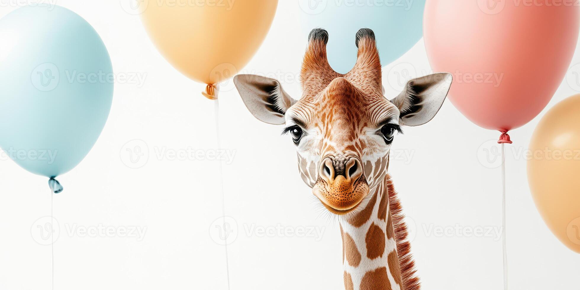 Giraffe stands amidst colorful balloons at a festive celebration in a bright, cheerful setting photo