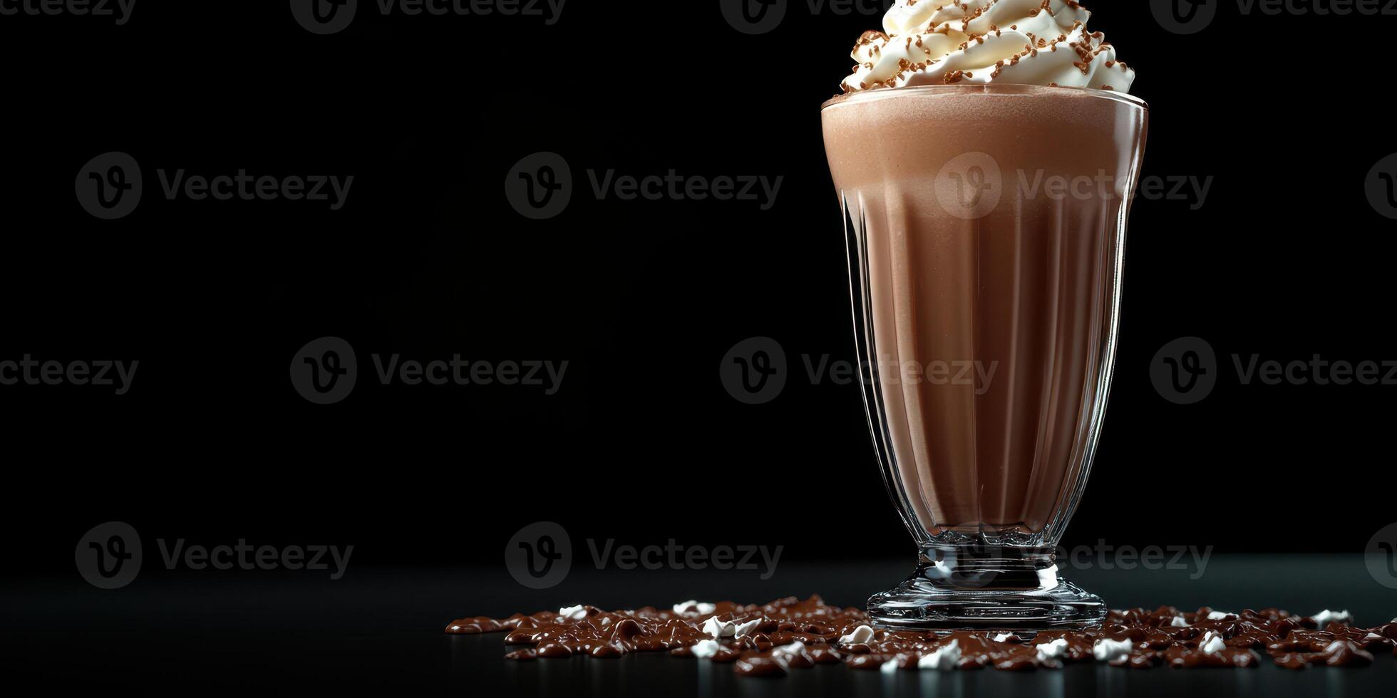 Rich chocolate beverage topped with whipped cream and chocolate shavings served in a tall glass on a dark background photo