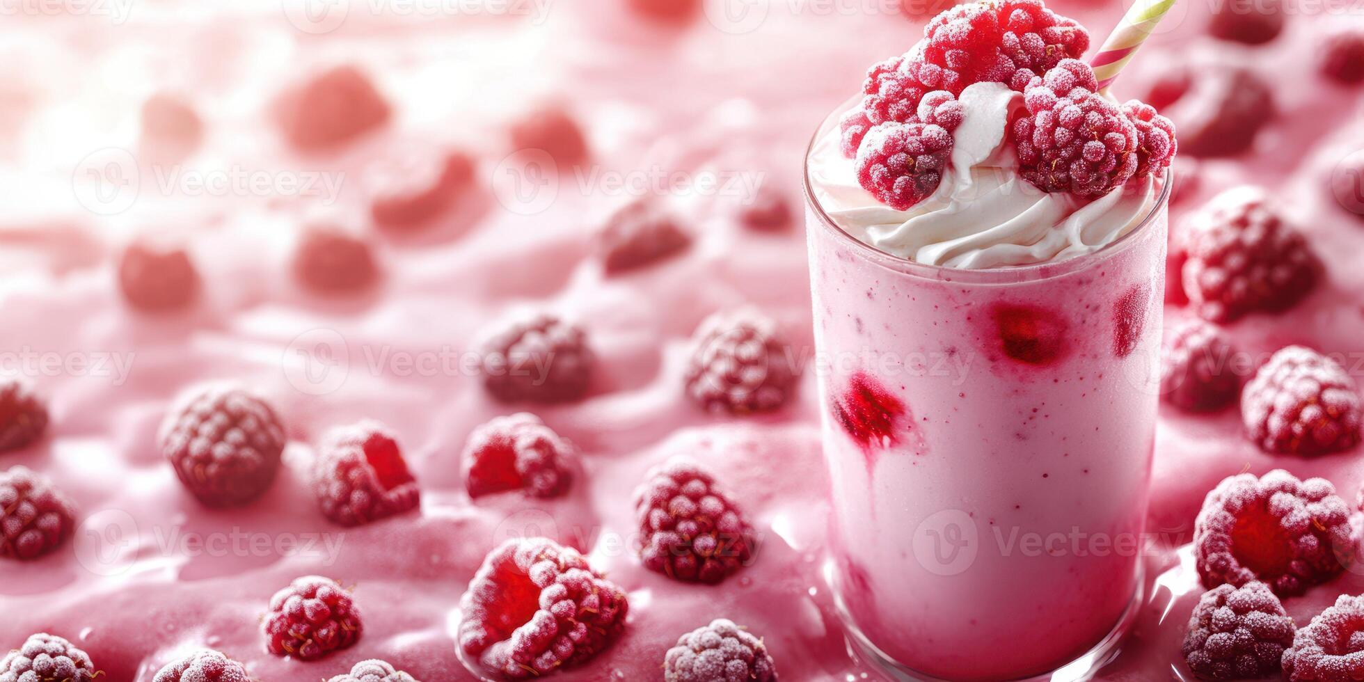 Refreshing raspberry smoothie served in a glass with whipped cream and berries on a pink table photo