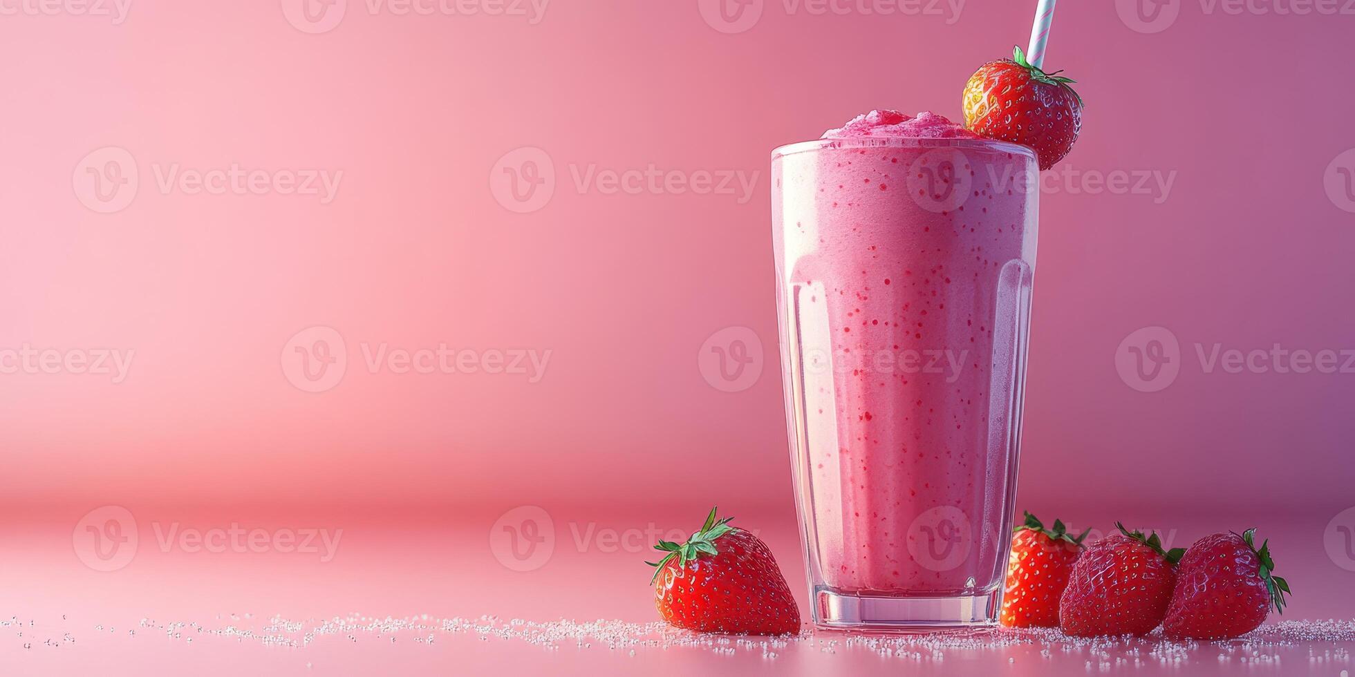 Refreshing strawberry smoothie in a tall glass garnished with fresh strawberries on a pink backdrop during a sunny day photo