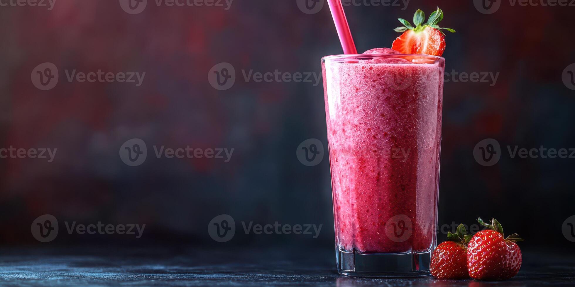 Refreshing strawberry smoothie served in a tall glass with a straw and fresh berries on the side photo