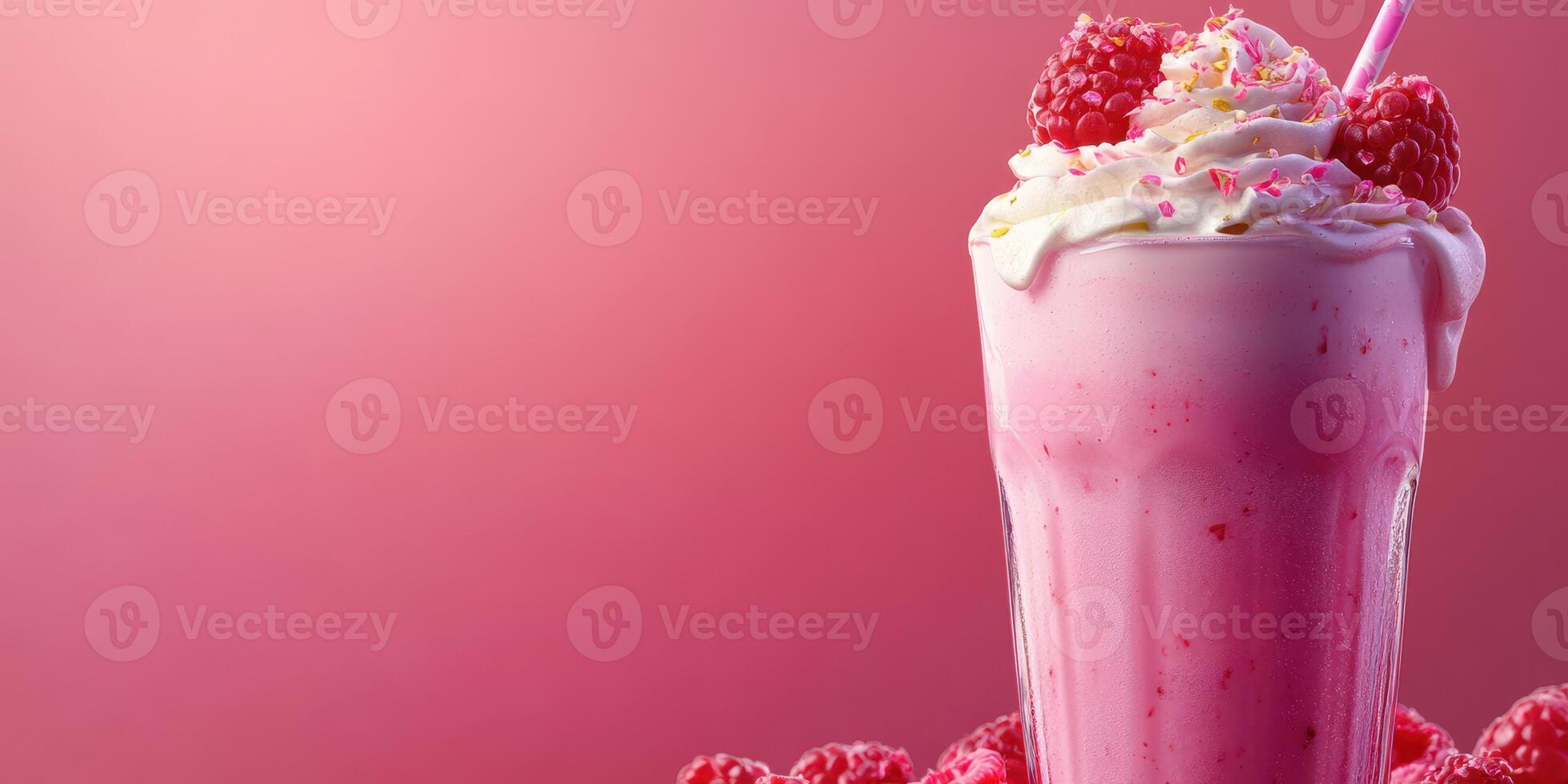 Refreshing raspberry milkshake topped with whipped cream and fresh berries photo