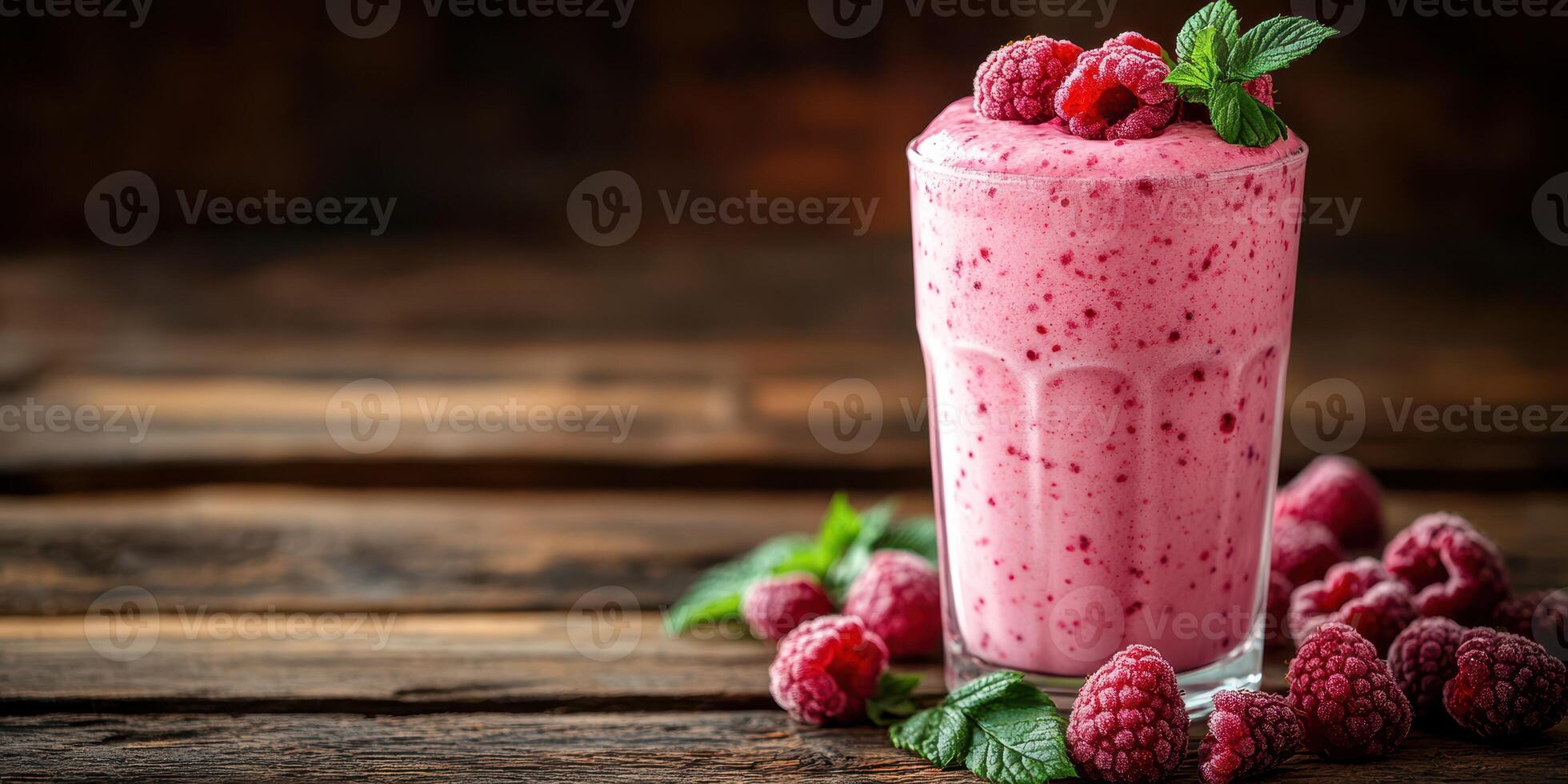 Refreshing raspberry smoothie served in a glass with fresh ingredients on a rustic wooden table photo