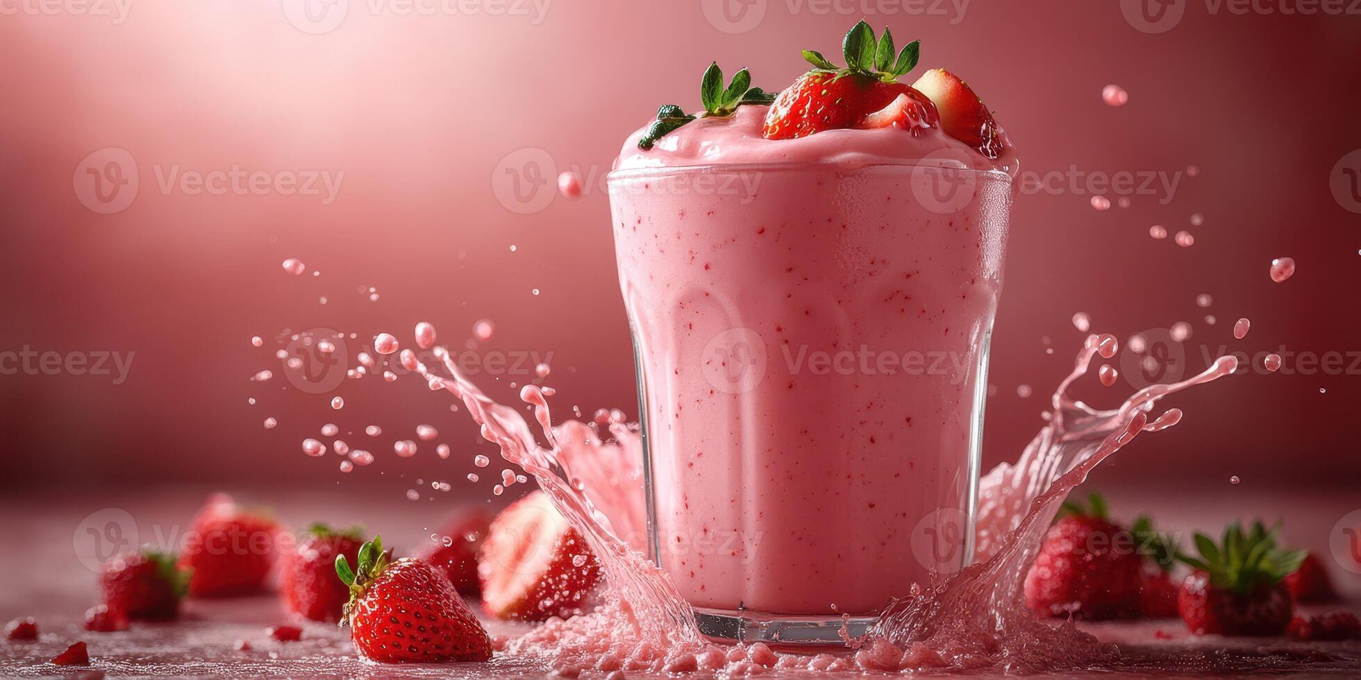 Refreshing strawberry smoothie with fresh strawberries splashing in pink backdrop photo