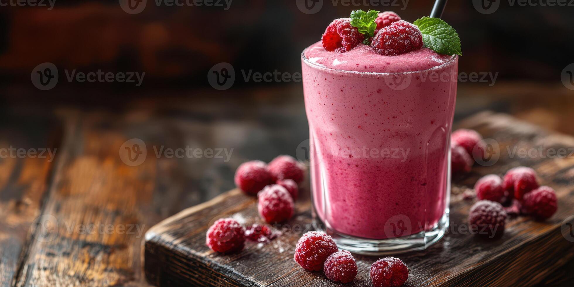 Refreshing raspberry smoothie served in a glass with fresh berries on a wooden surface photo