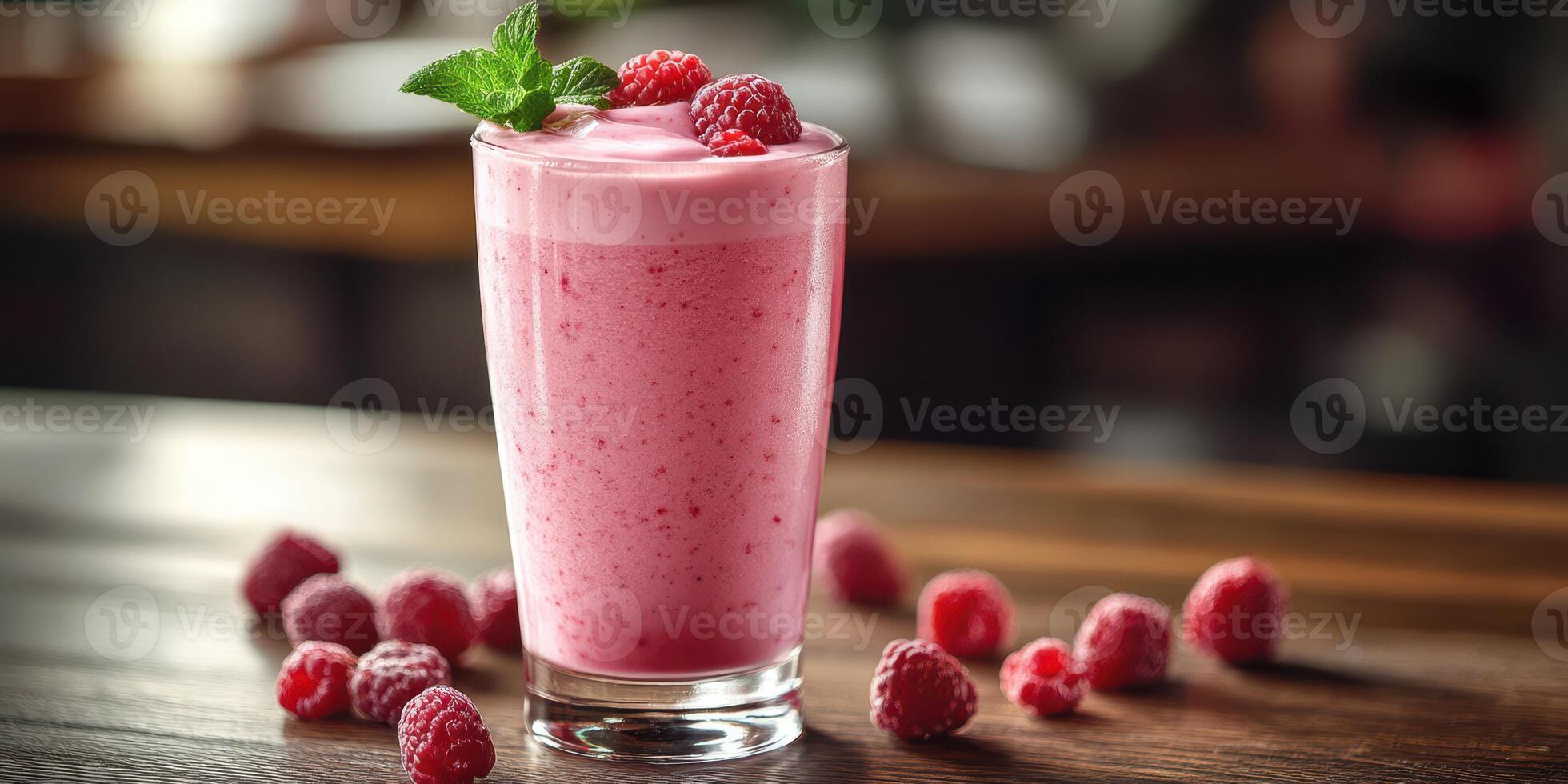 Delicious raspberry smoothie served in a tall glass with fresh mint garnish and surrounded by raspberries on a wooden table photo