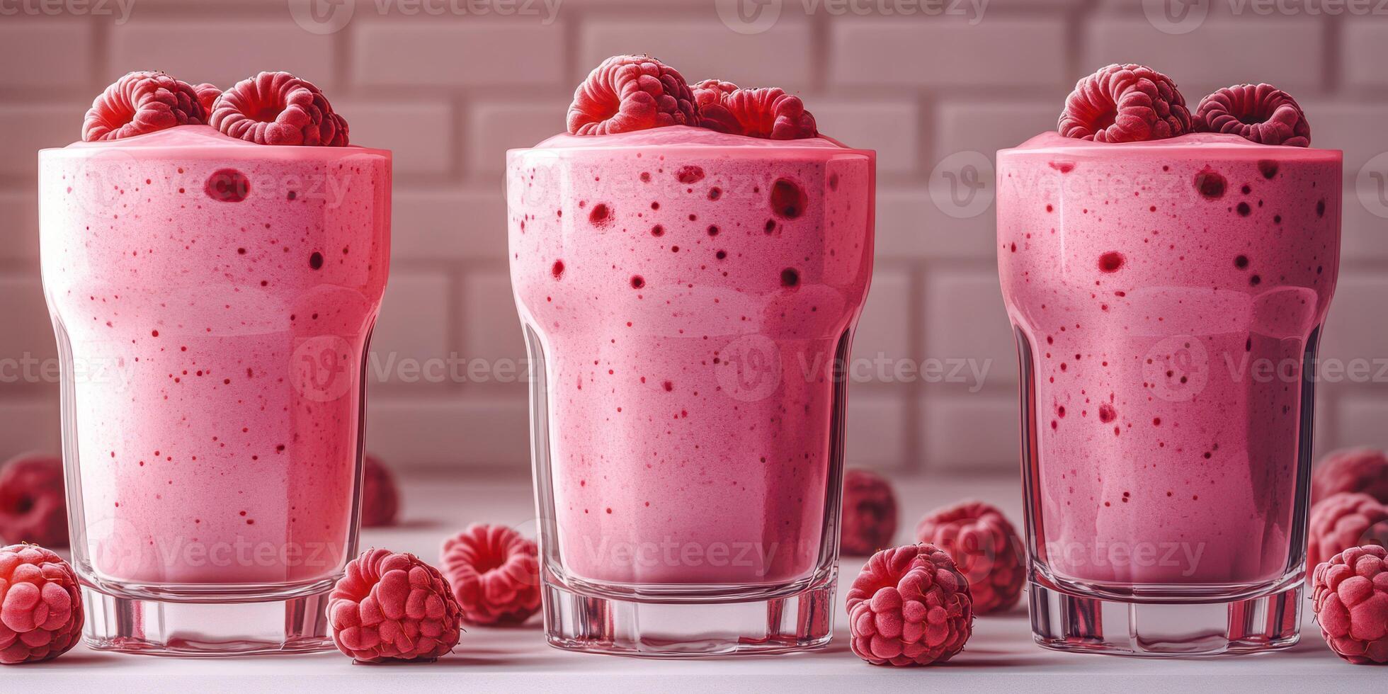 Refreshing raspberry smoothies served in clear glasses with fresh berries on a light background photo