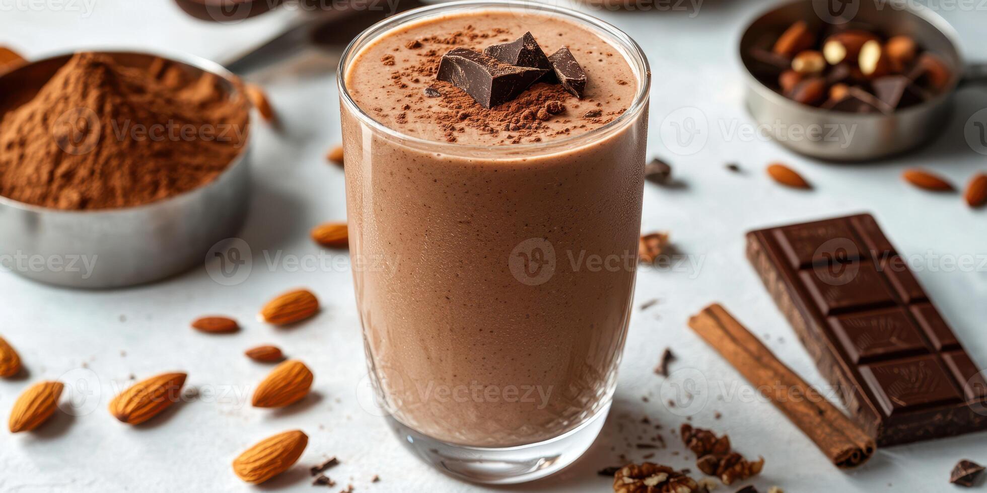 Creamy chocolate smoothie with cocoa powder, nuts, and chocolate pieces on a light background photo