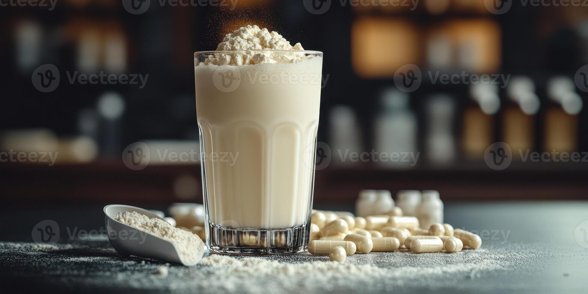 Creamy protein shake topped with powder and surrounded by nutritional supplements in a dimly lit setting photo