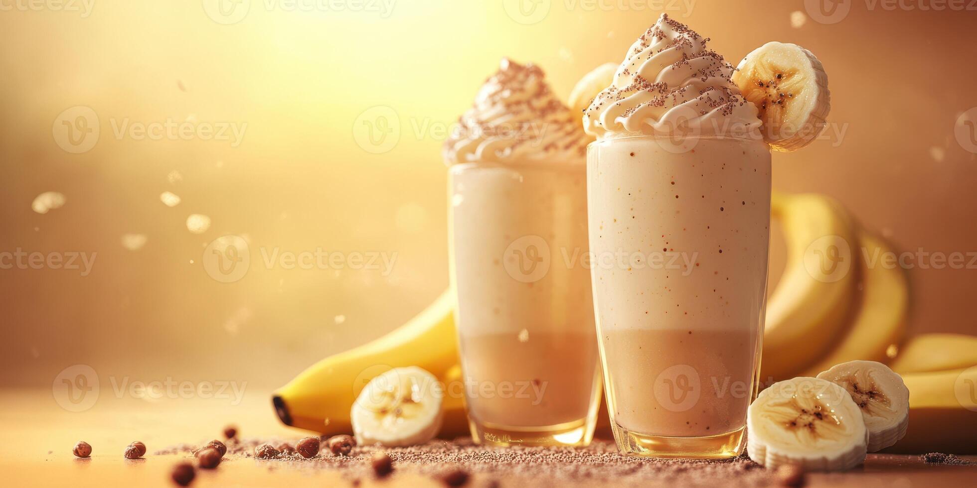 Creamy banana milkshakes topped with whipped cream and banana slices in warm lighting photo