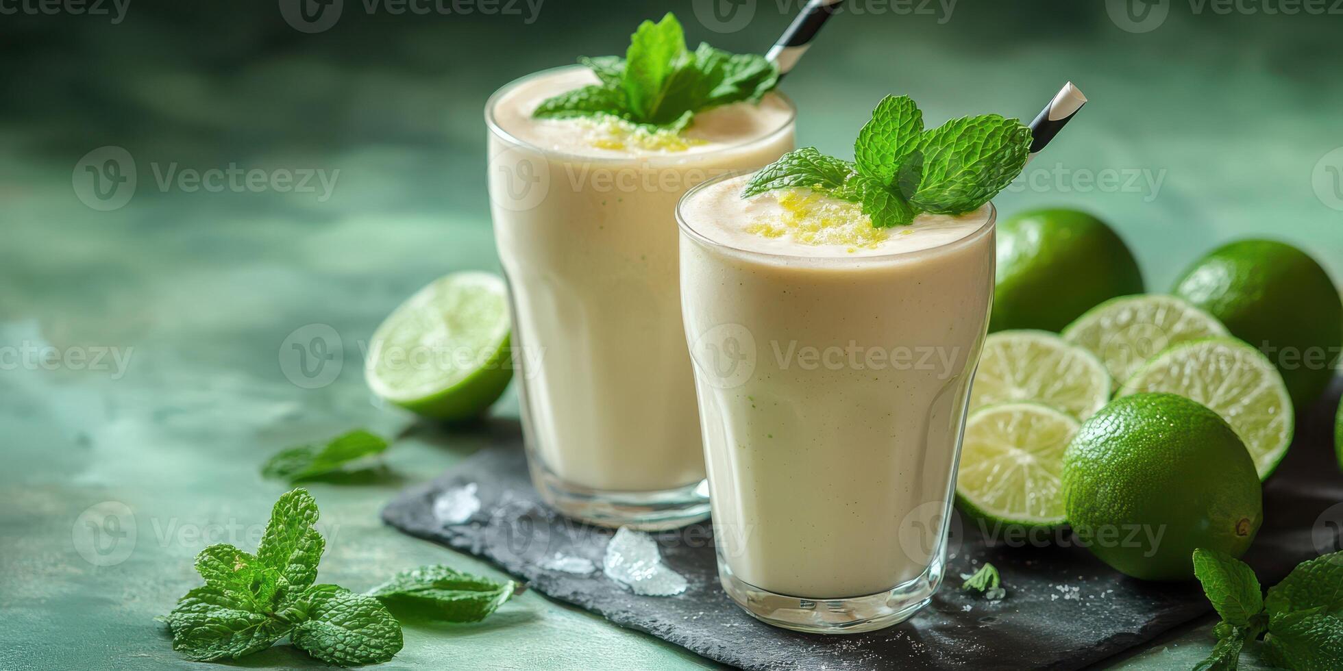 Refreshing mint lime smoothies served in clear glasses with garnishes on a cool green background photo