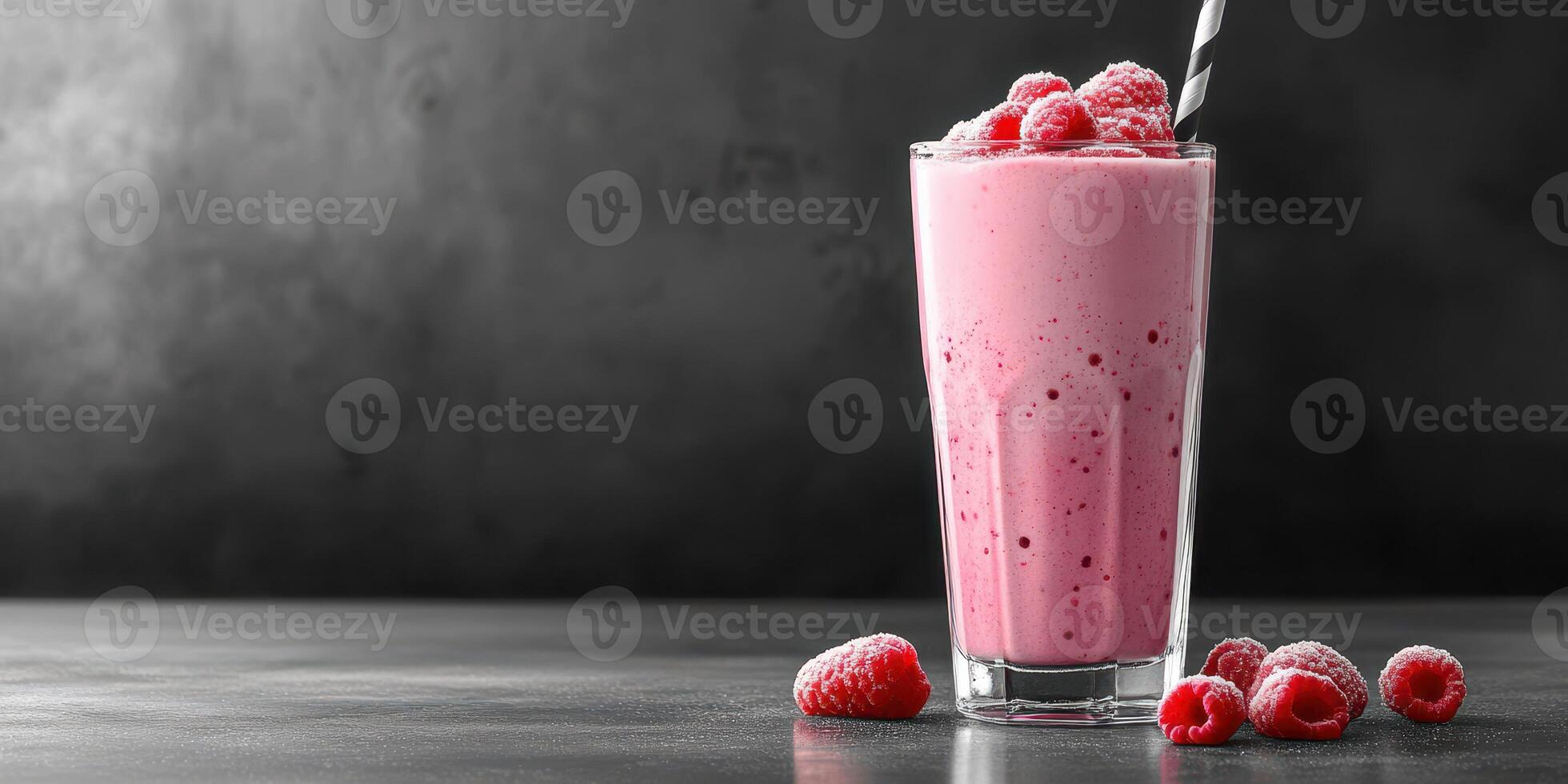 Refreshing raspberry smoothie served in a tall glass garnished with fresh berries on a dark background photo