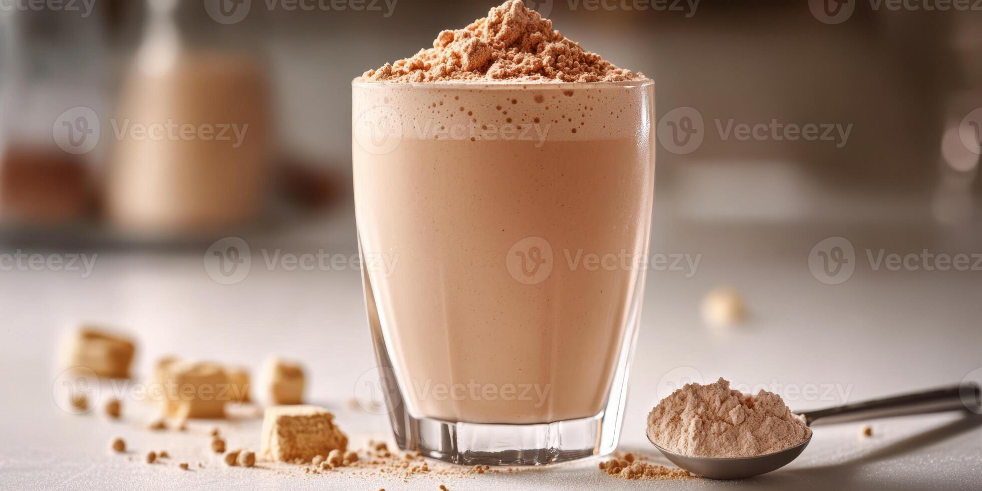 Smooth and creamy protein shake topped with a dusting of protein powder on a kitchen countertop photo