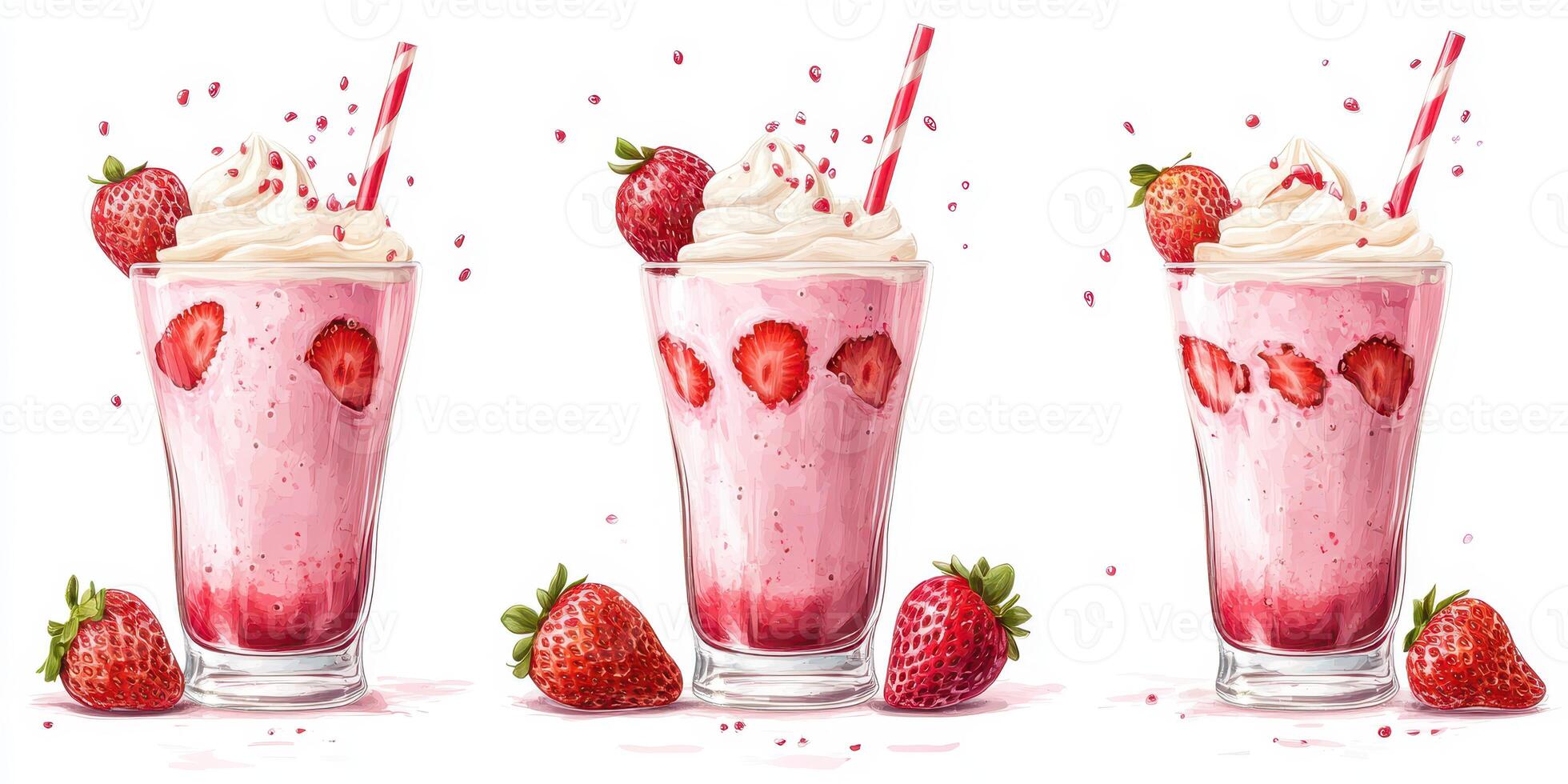 Refreshing strawberry milkshakes topped with whipped cream are served in tall glasses photo