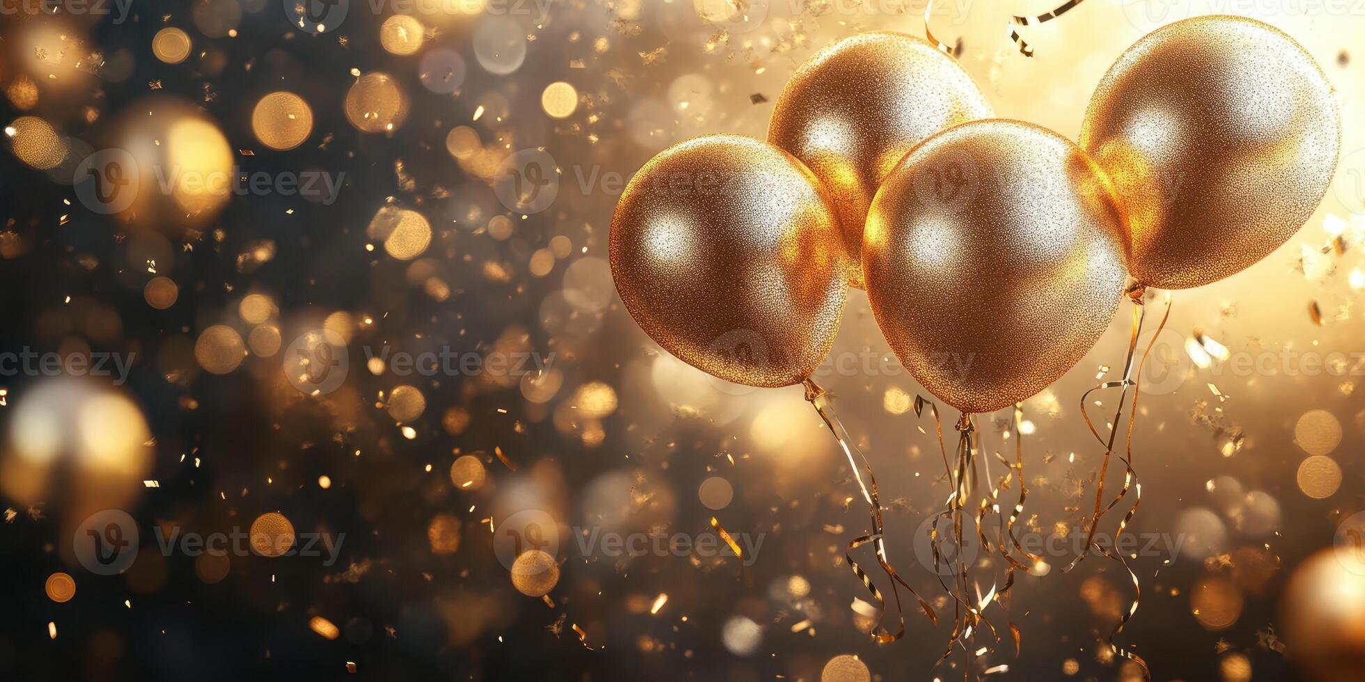 Celebrate special moments with golden balloons during a festive occasion, illuminated by sparkling lights photo
