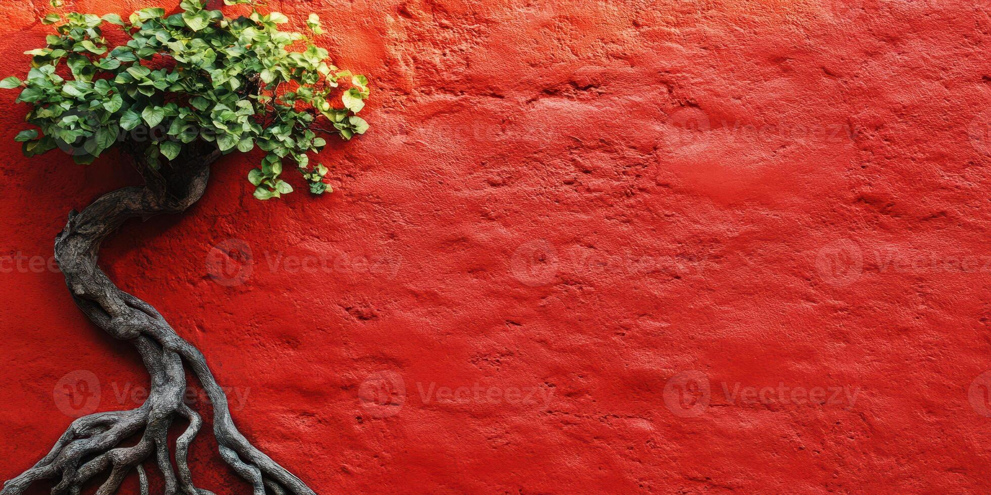 Unique tree with exposed roots against a vibrant red wall in a sunny urban setting photo