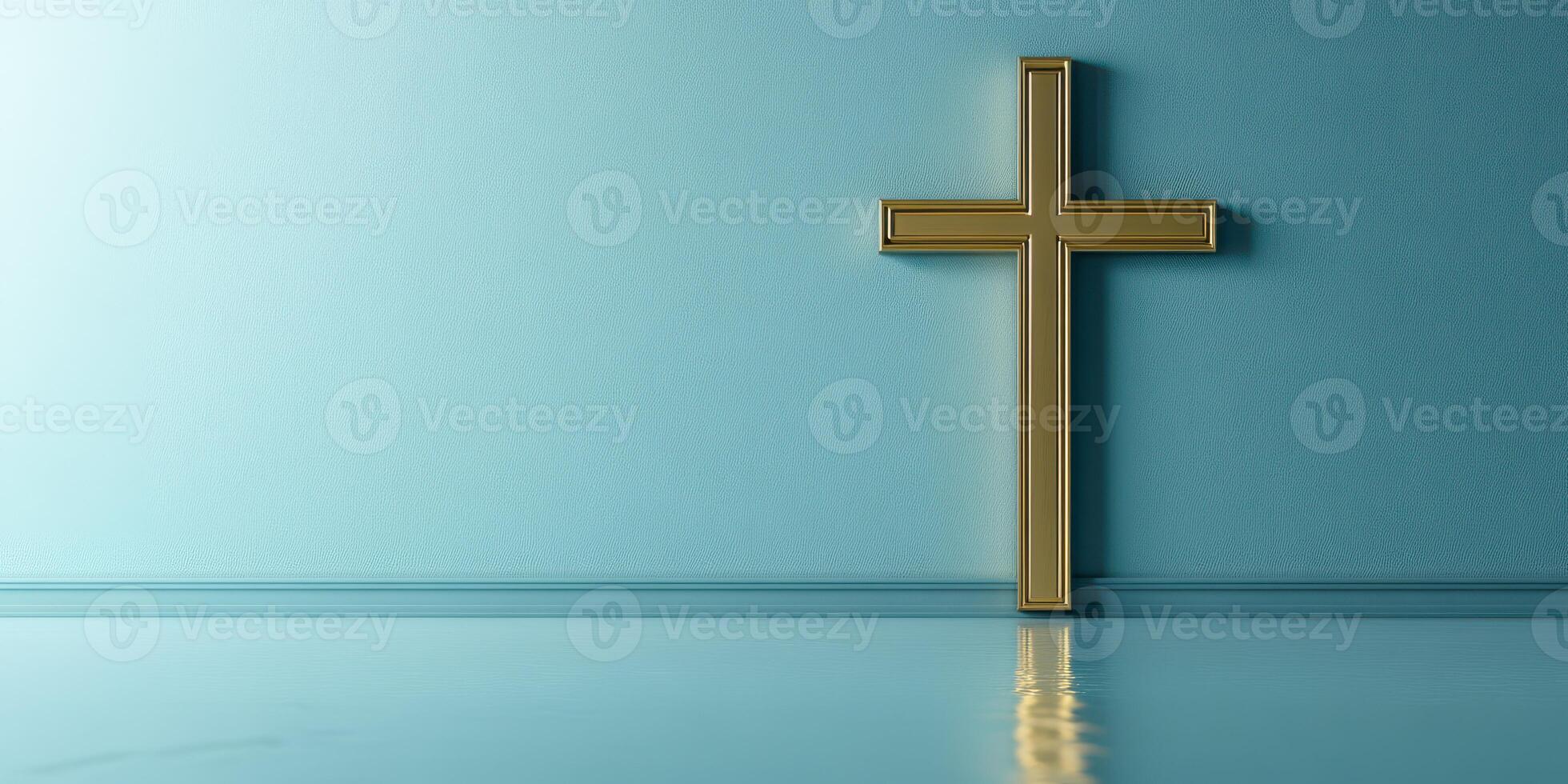 Golden cross resting against a blue wall reflecting light in a serene setting photo