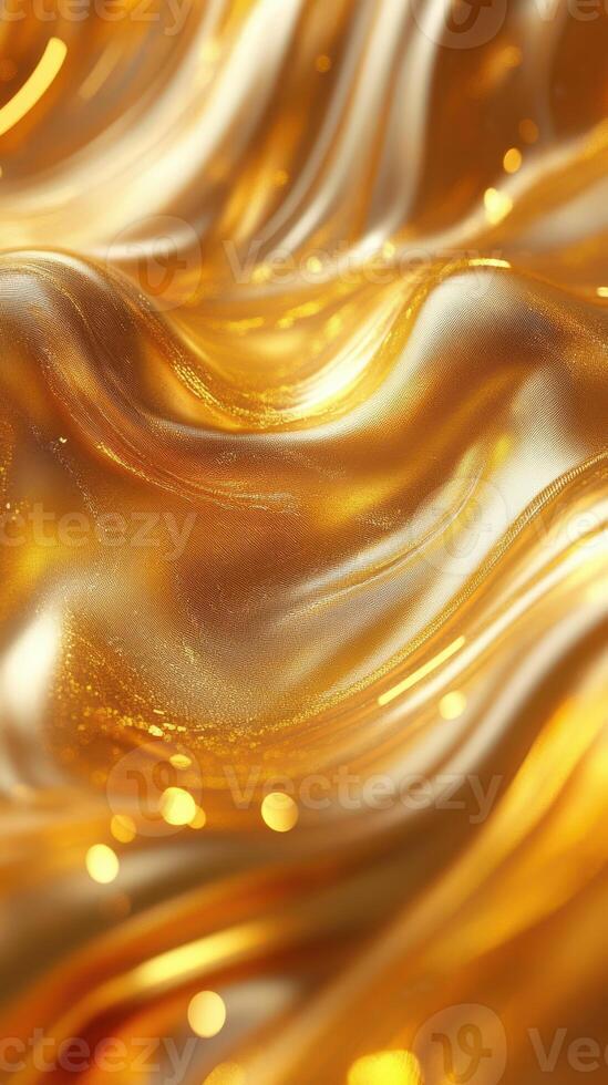 Golden waves of shimmering fabric flow gracefully under soft lighting in an artistic display of texture and color photo