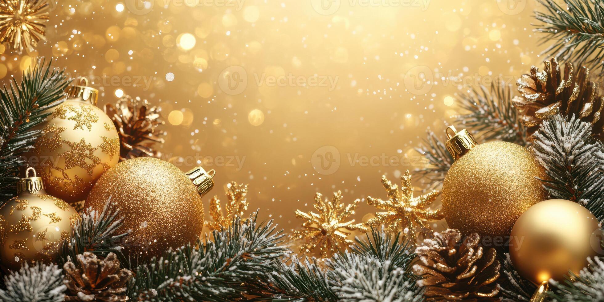 Elegant Christmas decorations featuring golden ornaments and pine branches in a festive setting photo