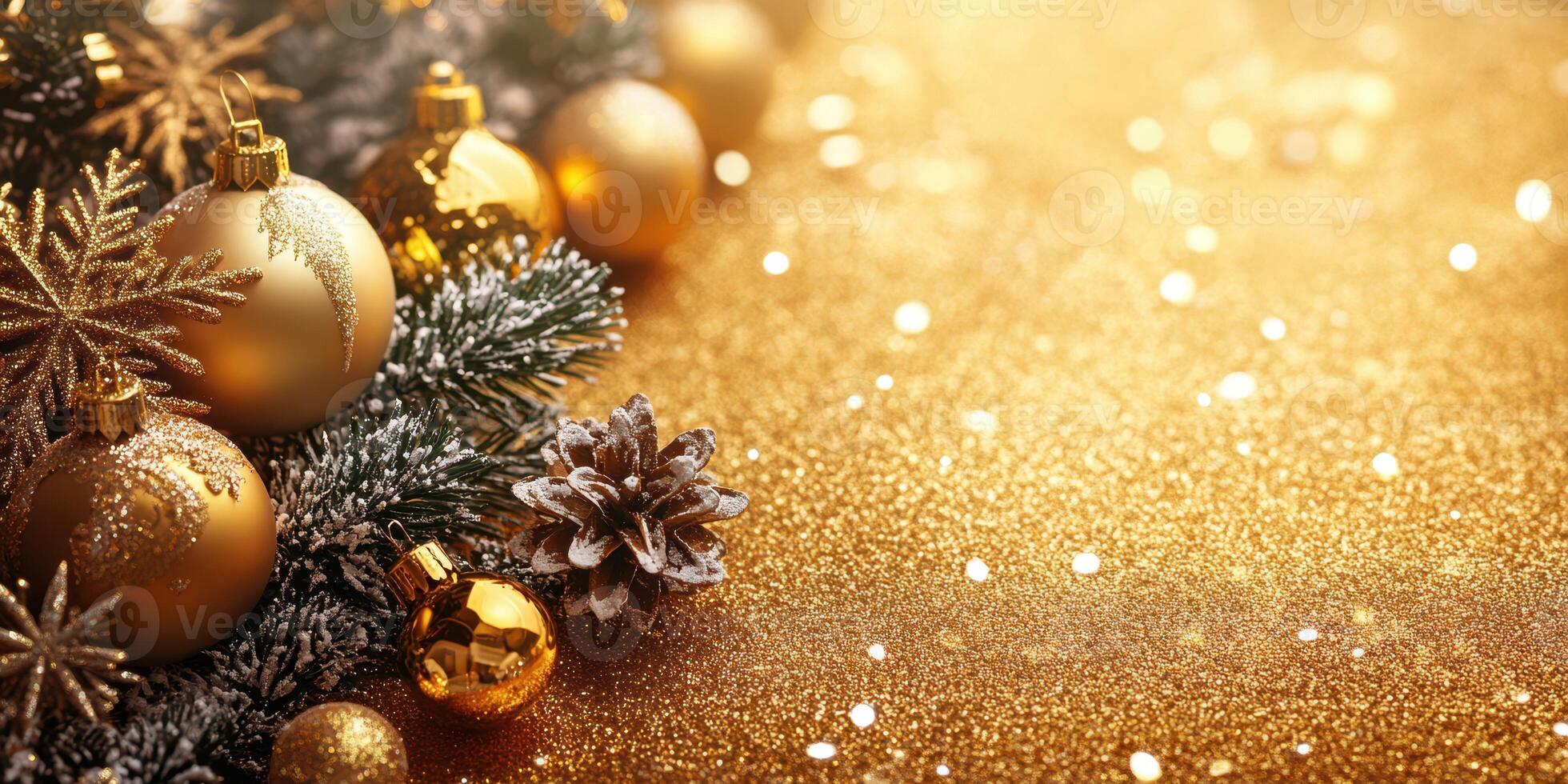 Golden ornaments and sparkling decorations create a festive atmosphere for holiday celebrations in a cozy setting photo