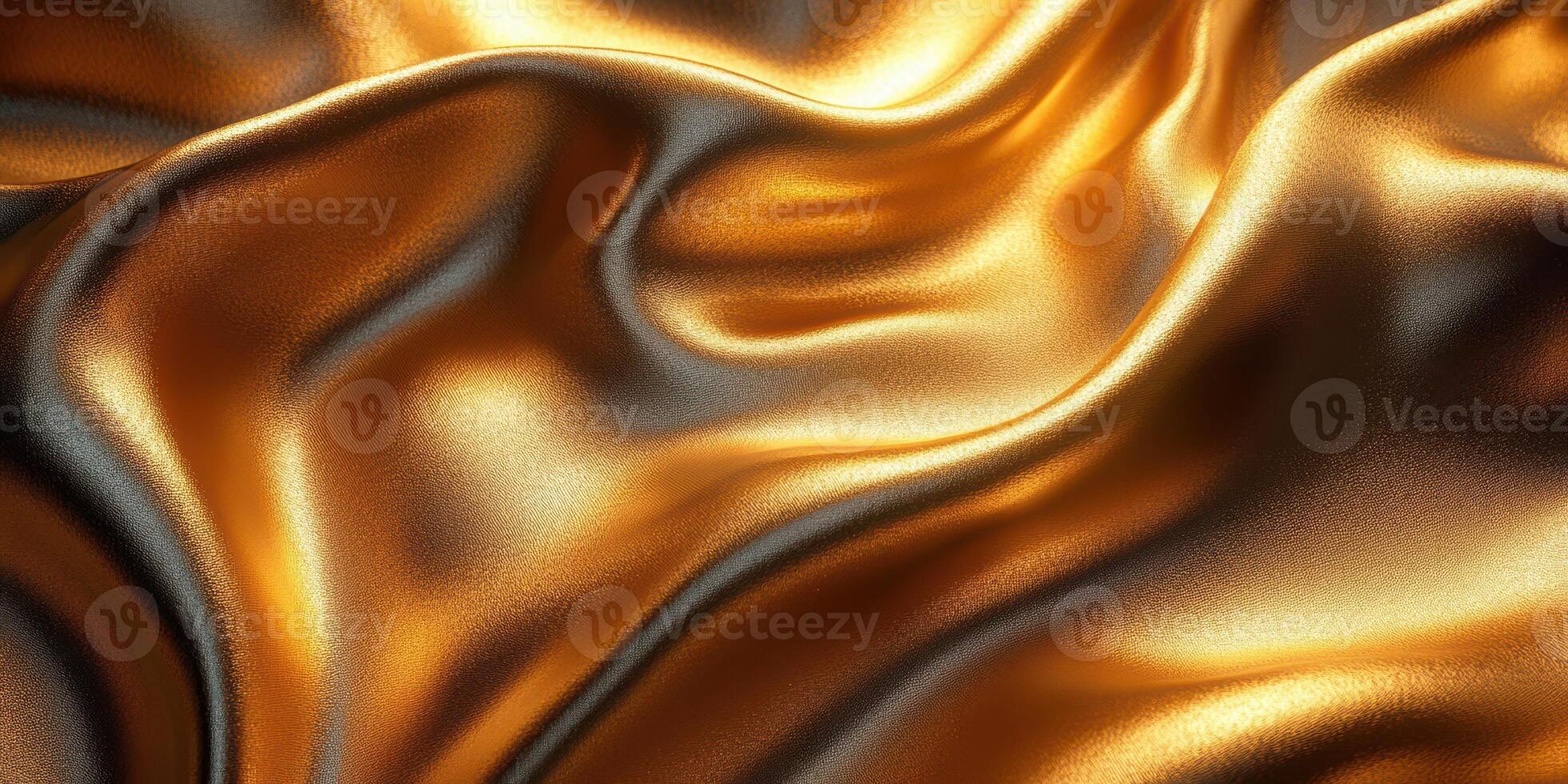Beautiful golden silk fabric draping elegantly, showcasing rich textures and shimmering light reflections photo
