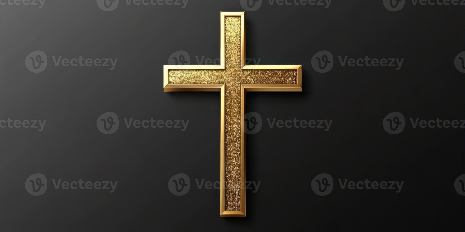Golden cross with a textured surface displayed against a dark backdrop in a serene setting photo