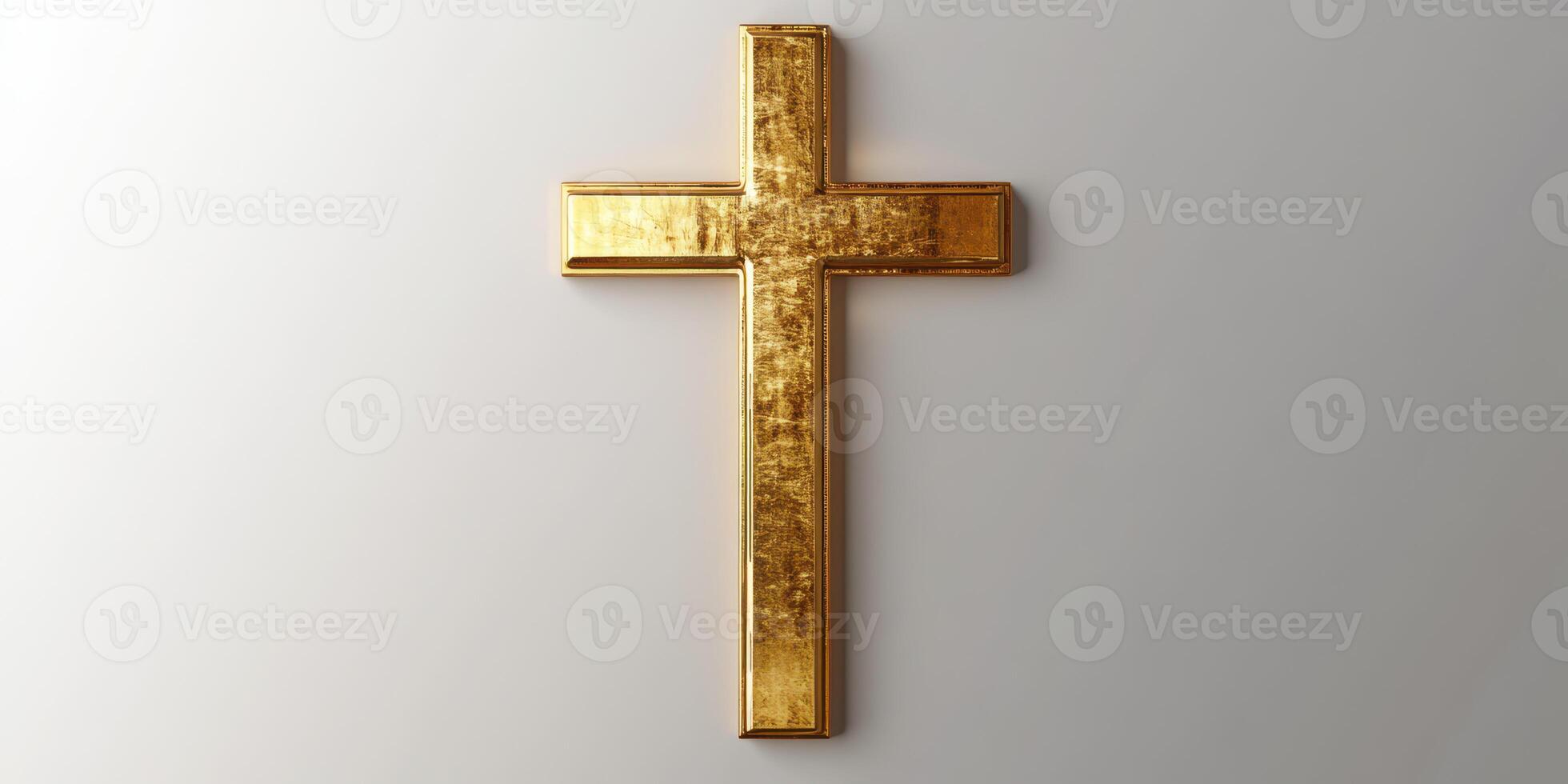 Golden cross displayed on a textured wall, symbolizing faith and spirituality in a serene environment photo
