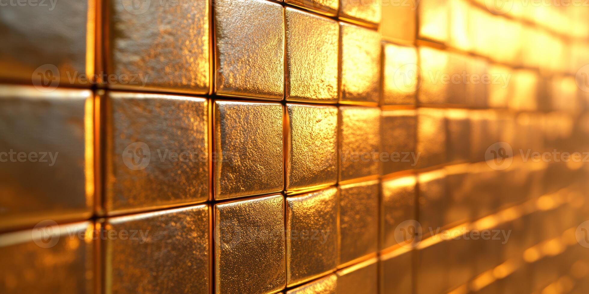 Glimmering golden tiles create a shimmering wall effect in a brightly lit space photo