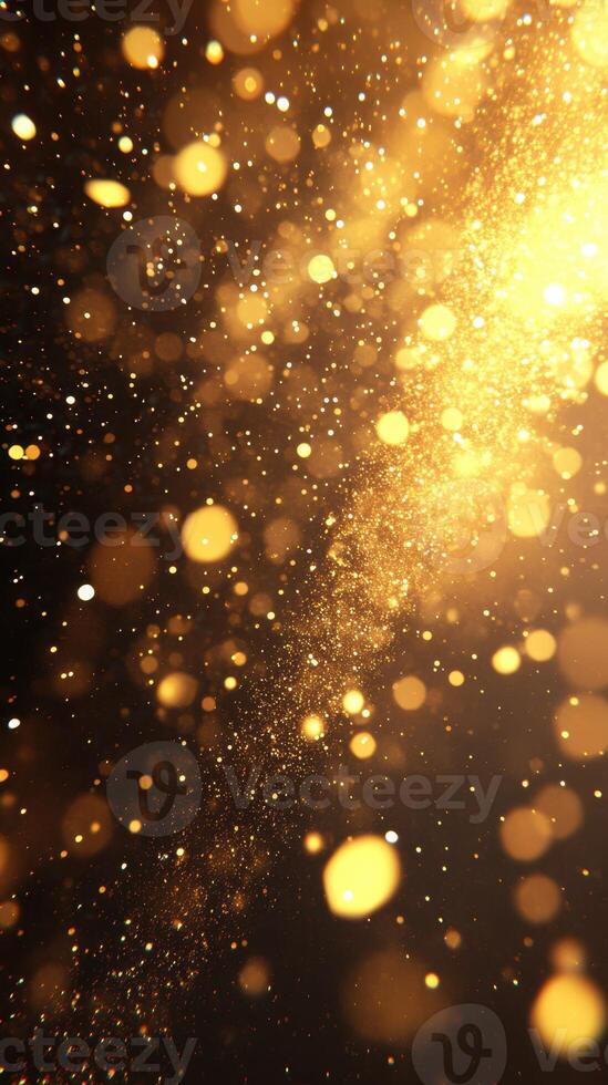Golden light particles create a magical atmosphere with shimmering effects in dark surroundings photo