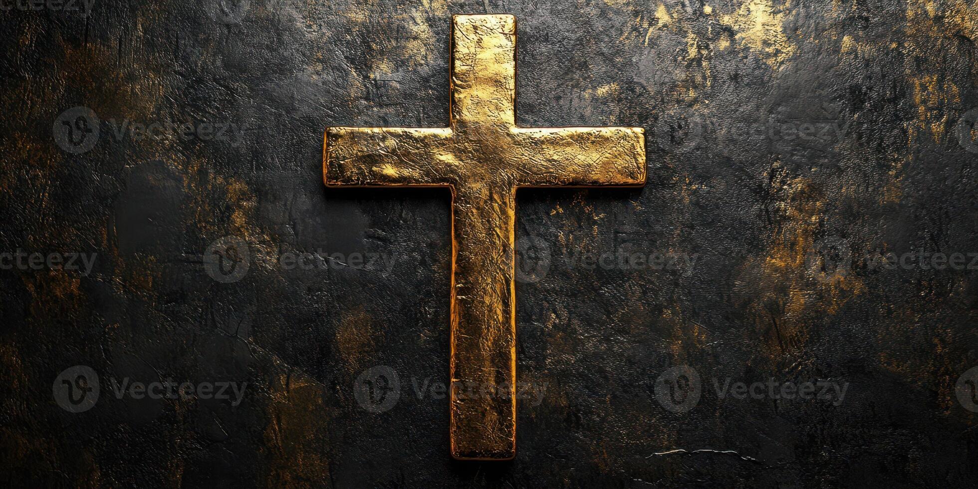 Golden cross against a textured dark background showcases craftsmanship and religious symbolism in modern art photo