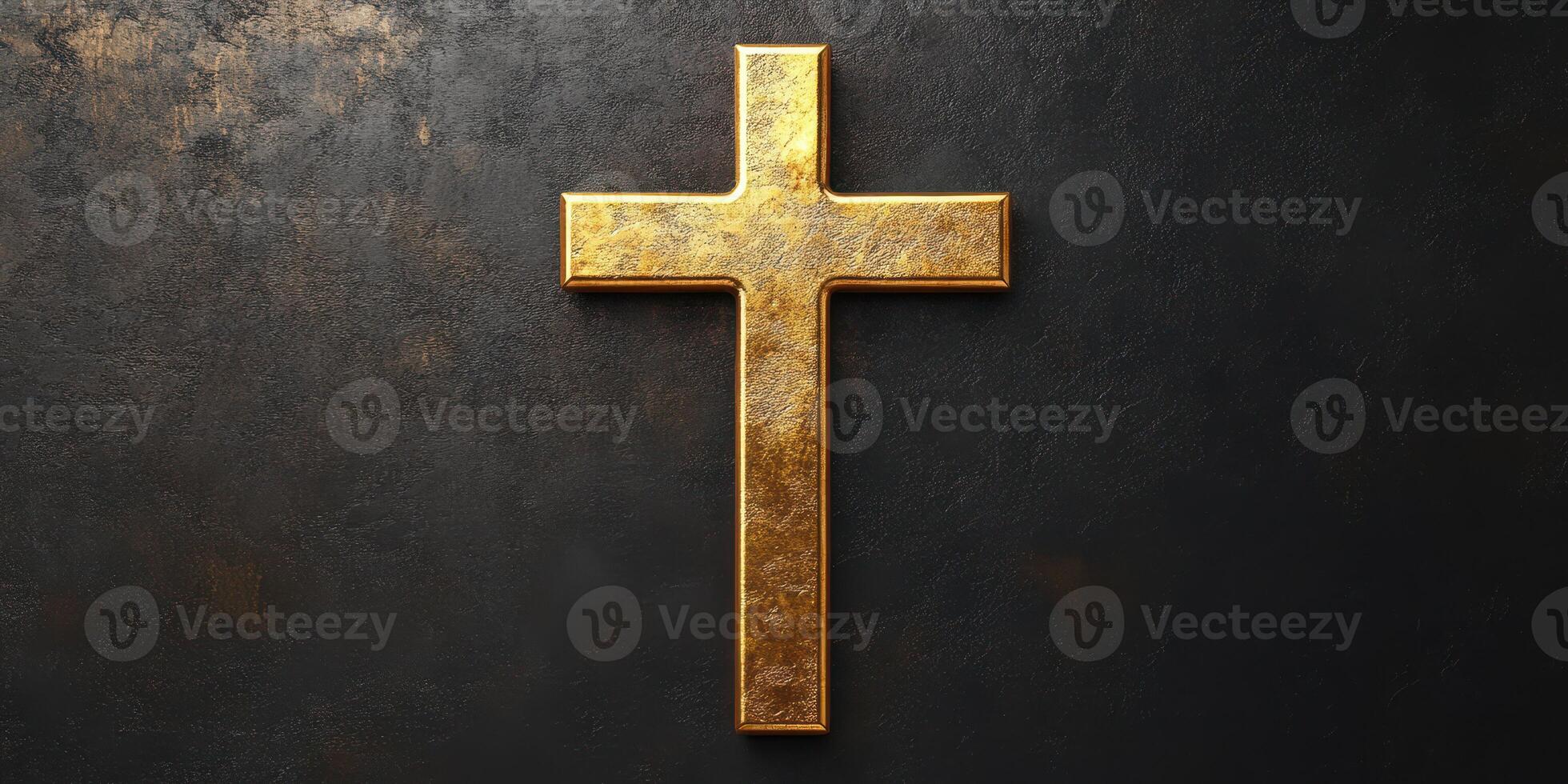 Golden cross displayed against a dark textured background in a serene setting at dusk photo