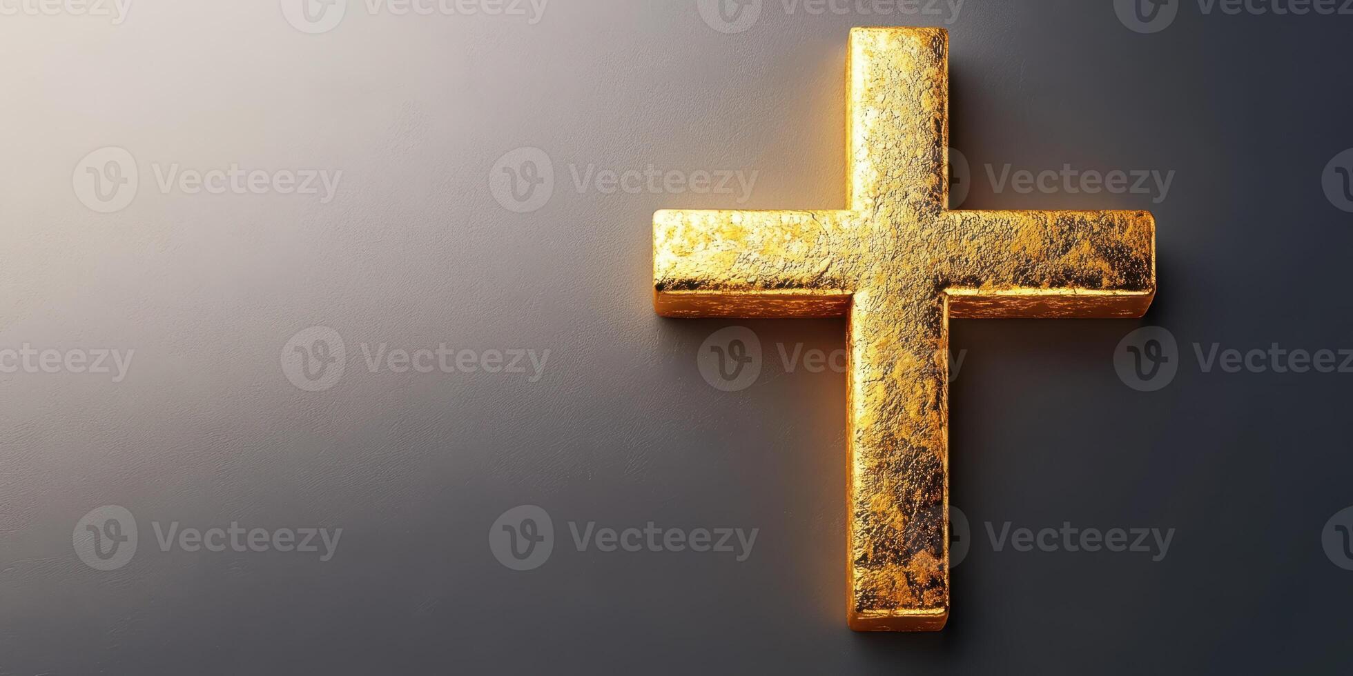 Golden cross ornament displayed against a dark backdrop highlighting its rich texture and shine photo