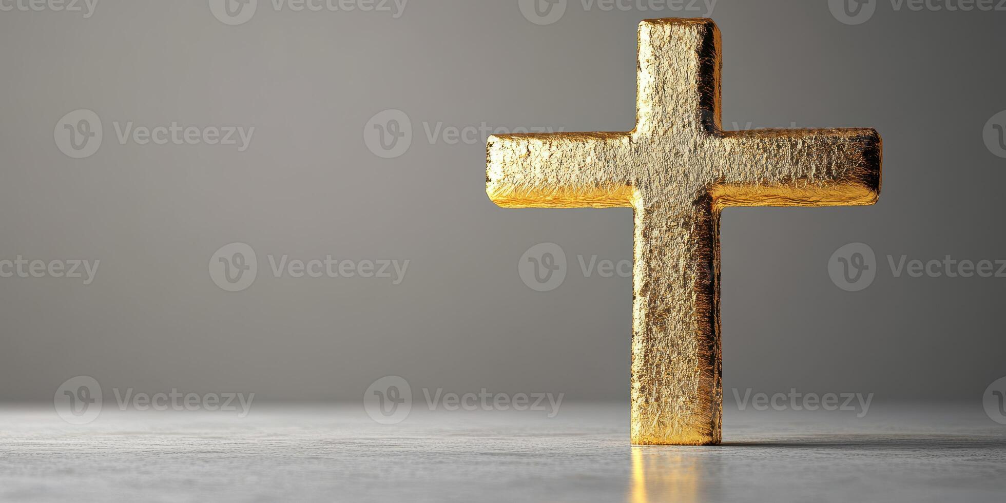 Golden cross stands on a white surface illuminated by soft daylight in a minimalist setting photo
