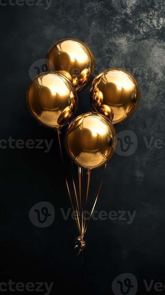 Gold balloons tied together gently float against a dark textured background in a festive display, ideal for celebrations or special occasions photo