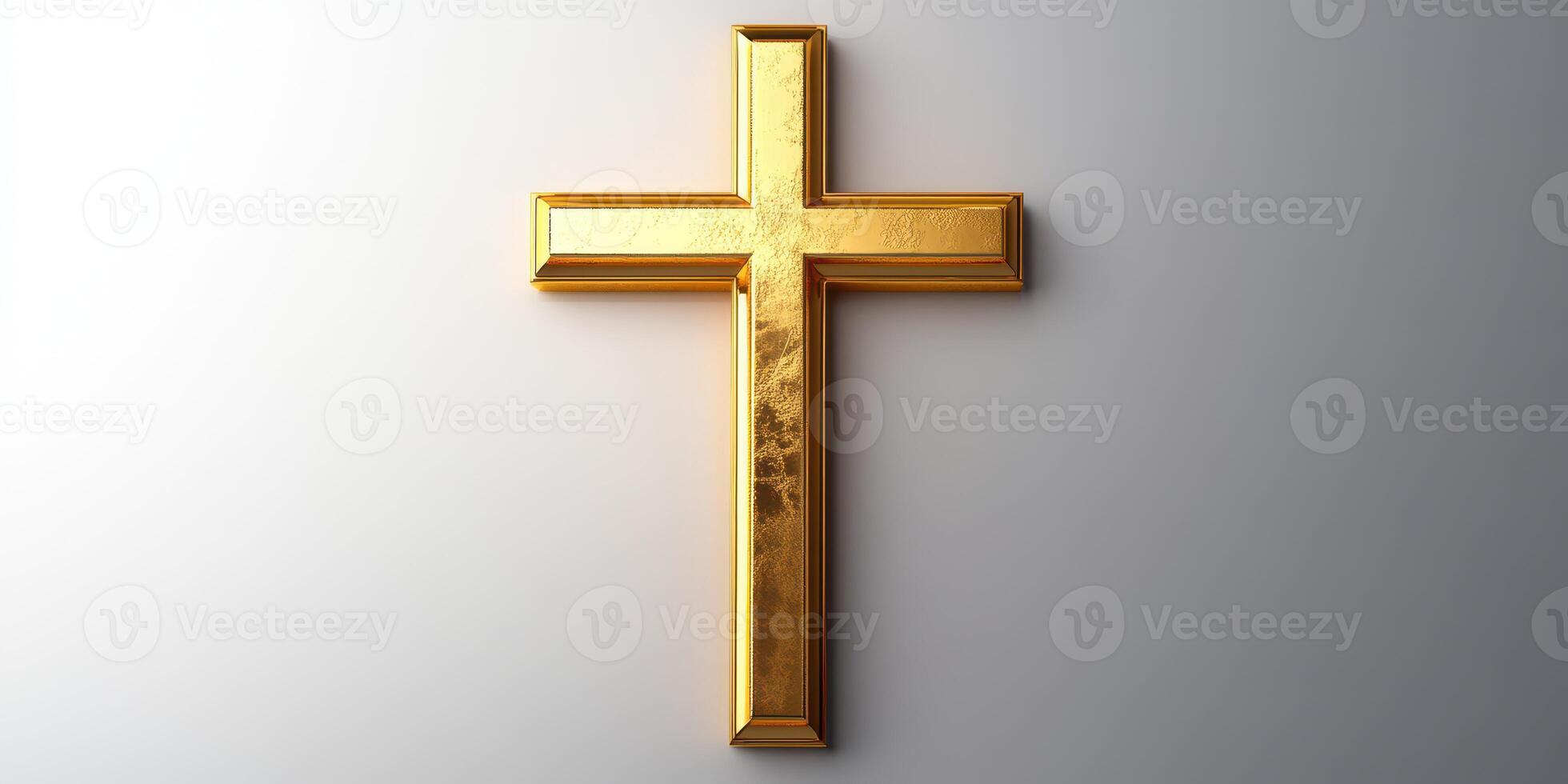 Golden cross displayed on a plain background highlighting its reflective surface and intricate design photo