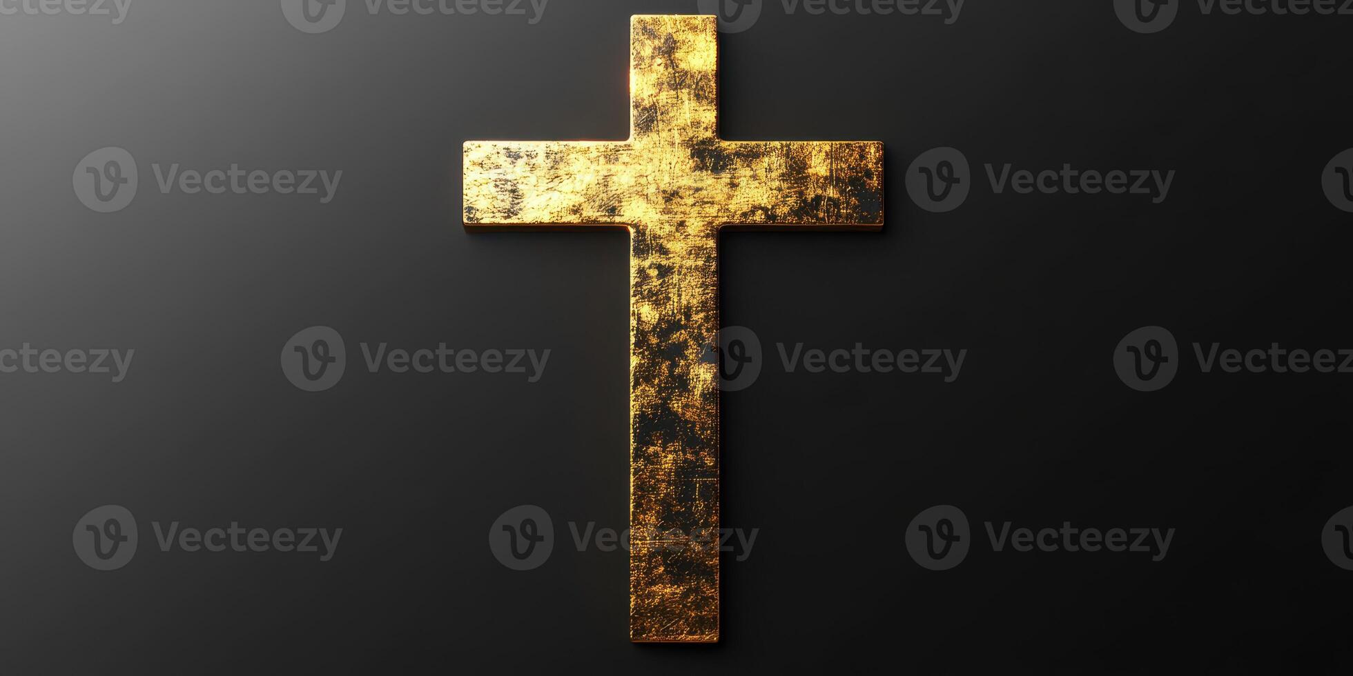 Golden cross with textured details against a dark background highlighting religious significance and artistic design photo