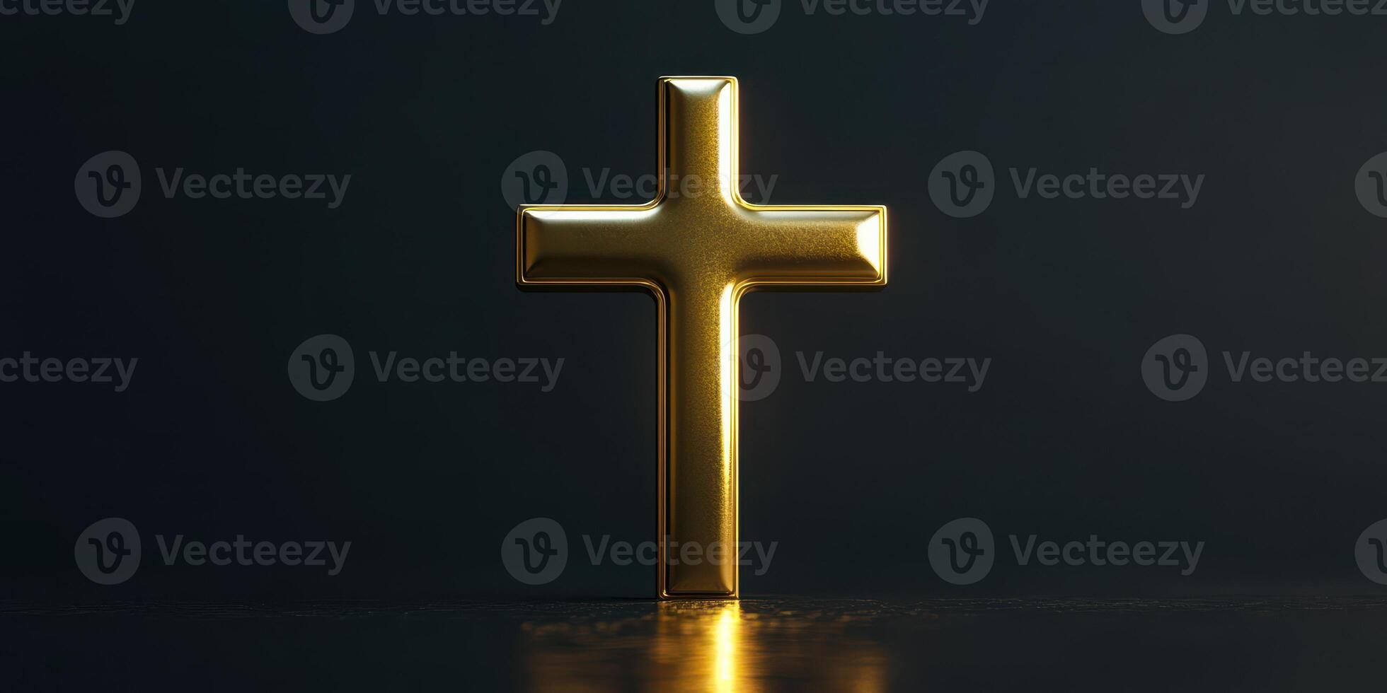 Golden cross illuminated by soft light against a dark background creating a serene and reflective atmosphere photo