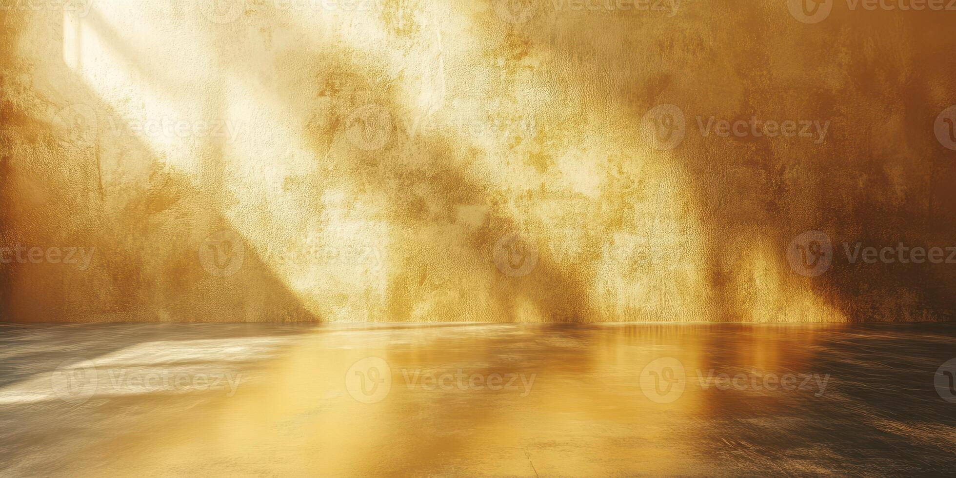 Sunlit empty room with textured golden walls and reflections on the floor during early afternoon photo