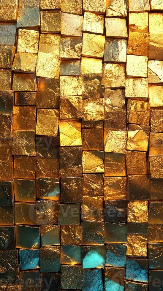 Glimmering mosaic of gold and blue metallic squares arranged in a stunning pattern photo