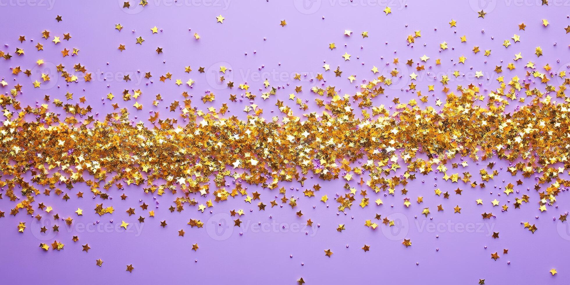 Shiny golden star confetti scattered across a pastel purple background creates a festive atmosphere photo