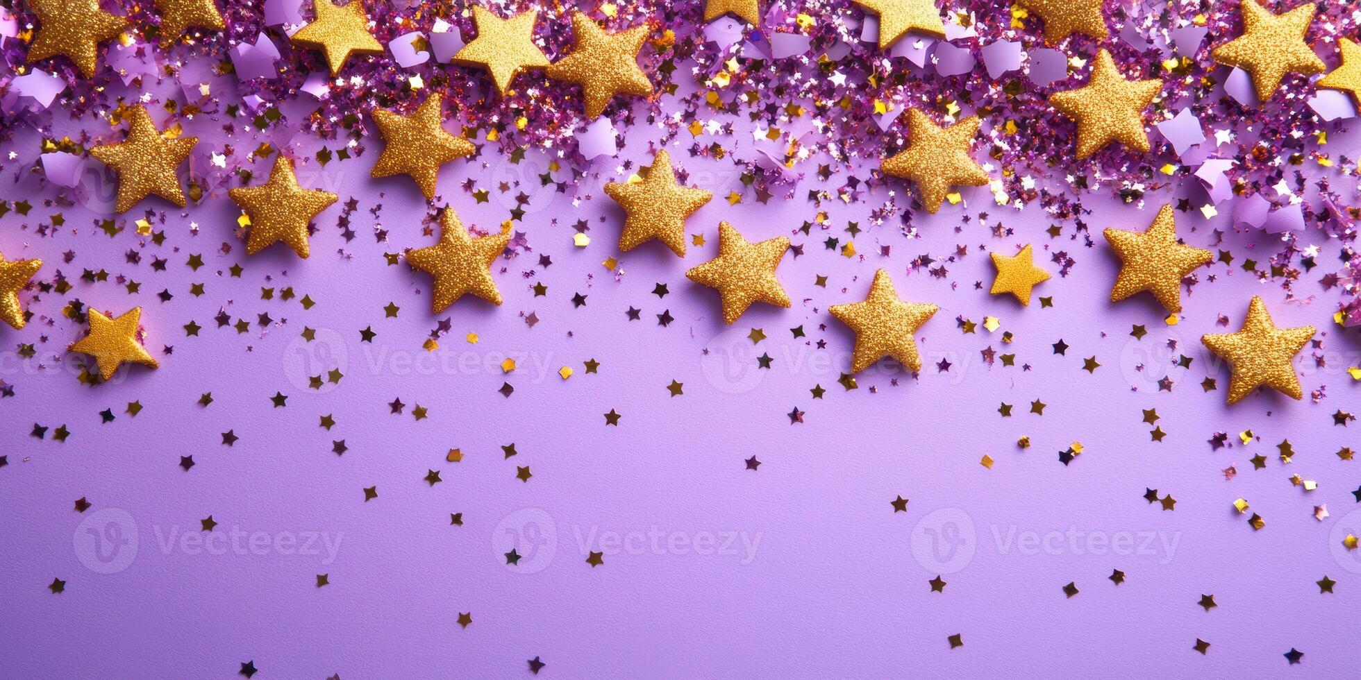 Sparkling gold stars adorn a vibrant purple background creating a festive atmosphere for celebrations photo