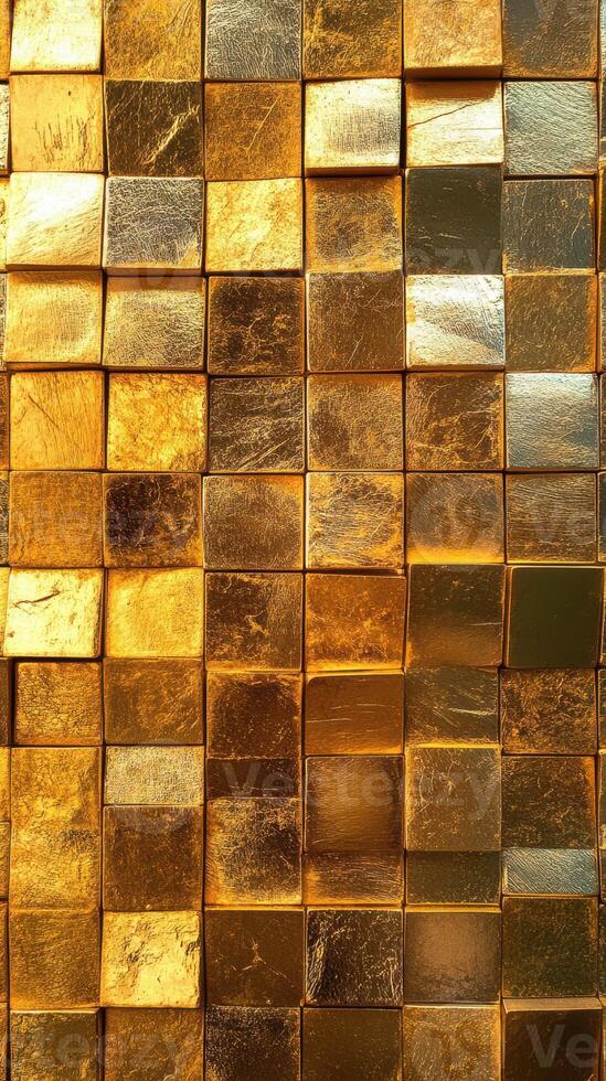 Shiny golden cubes arranged in a geometric pattern create a striking visual texture in an artistic display photo