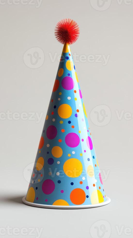 Colorful party hat with dots and pompom on top suitable for celebrations and festive occasions photo