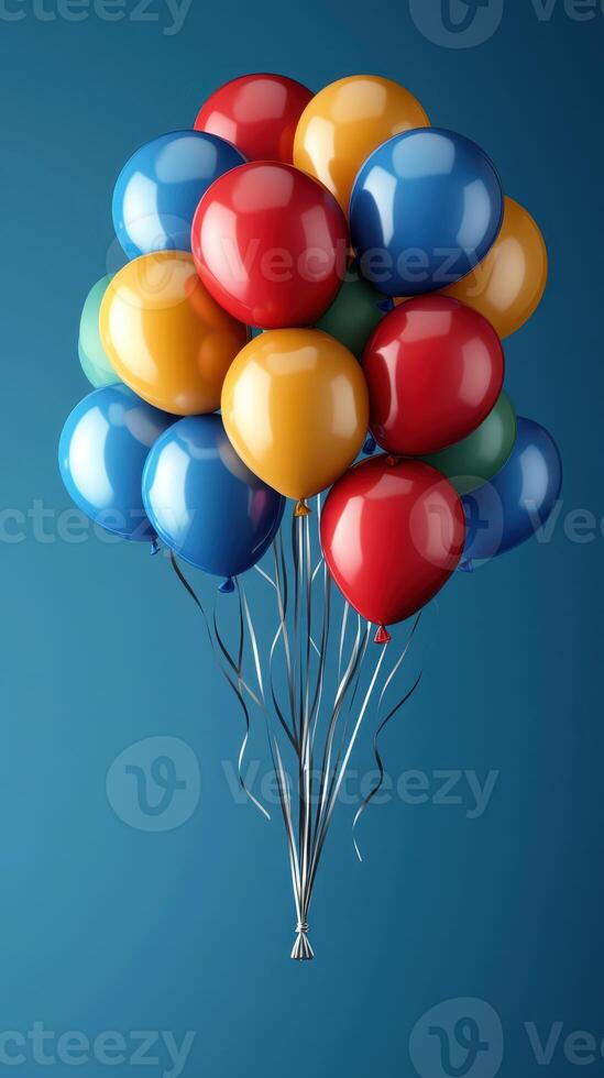 Colorful balloons floating against a blue background create a festive atmosphere for celebrations and events photo