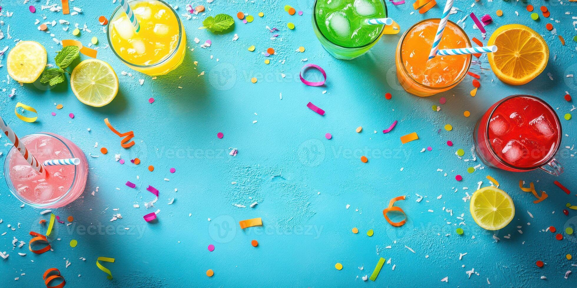 Colorful summer drinks arranged on a vibrant blue table with festive decorations and fresh fruit slices photo