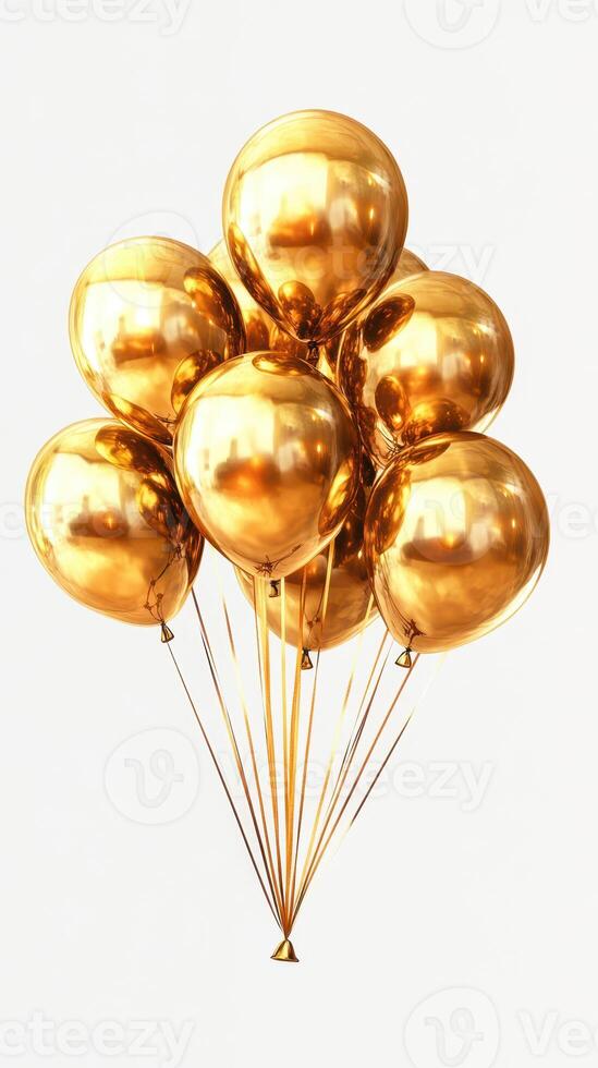 Golden balloons floating together in a celebratory display against a light background photo