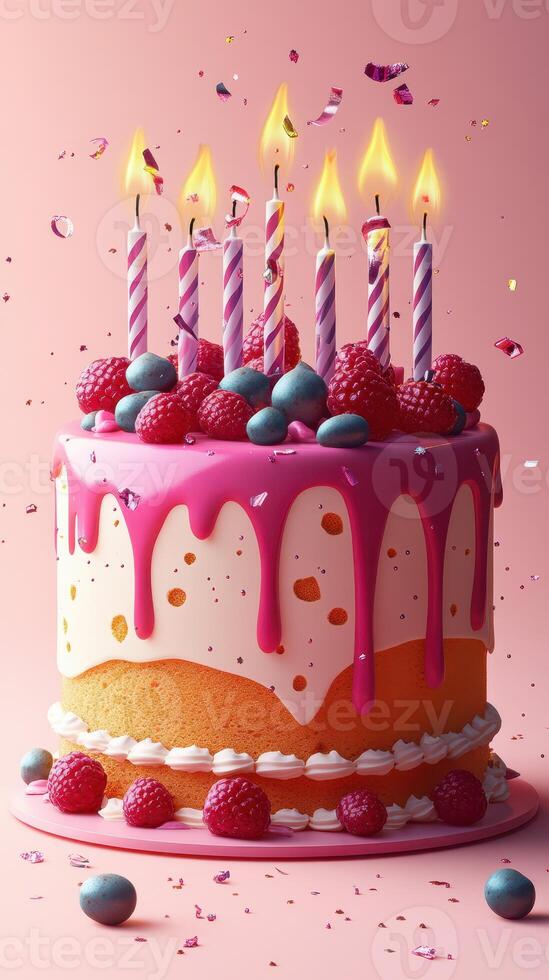 Colorful birthday cake with candles and decorations for a festive celebration photo