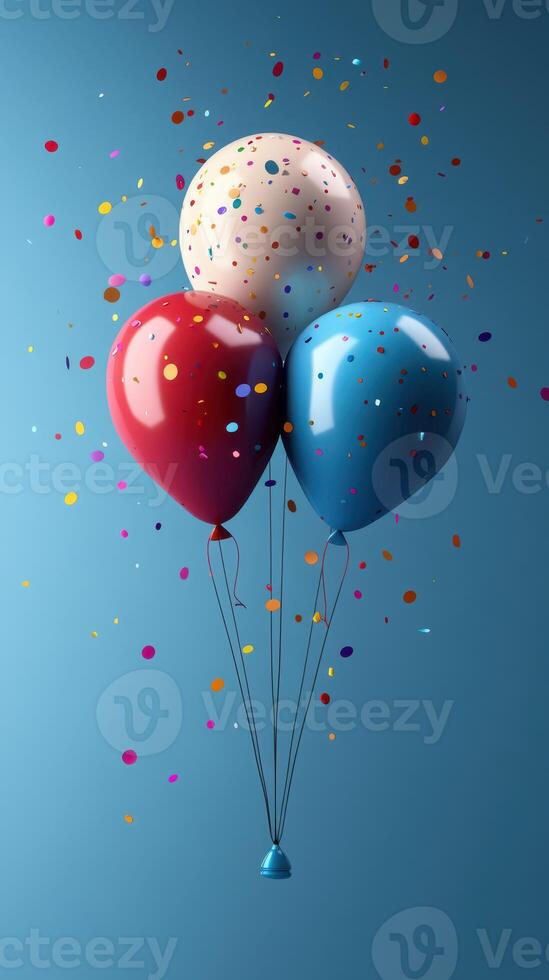 Colorful balloons adorned with confetti float against a blue background for a festive celebration photo