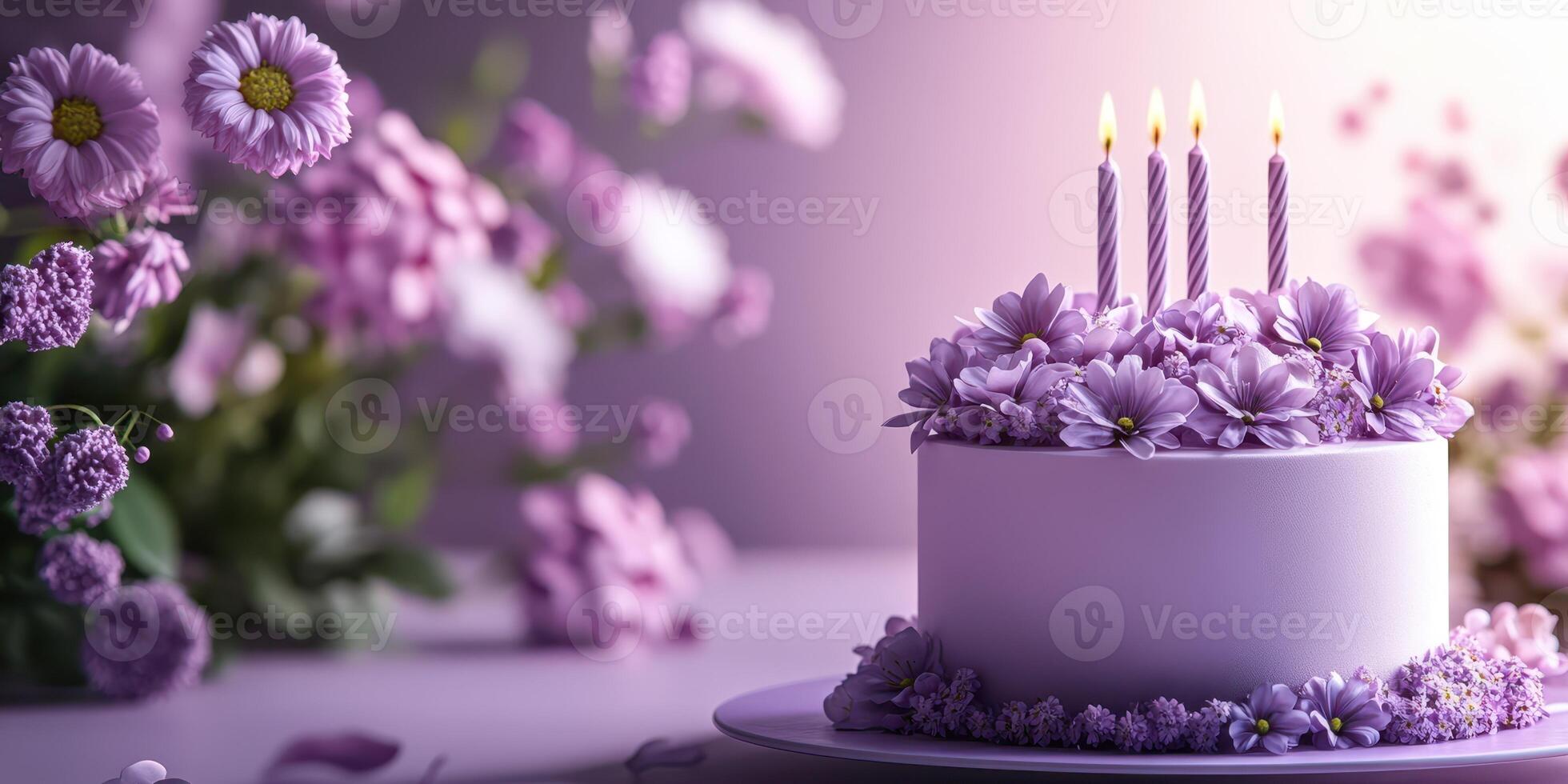 Celebration with a beautiful lavender birthday cake adorned with flowers and candles on a festive table setting photo